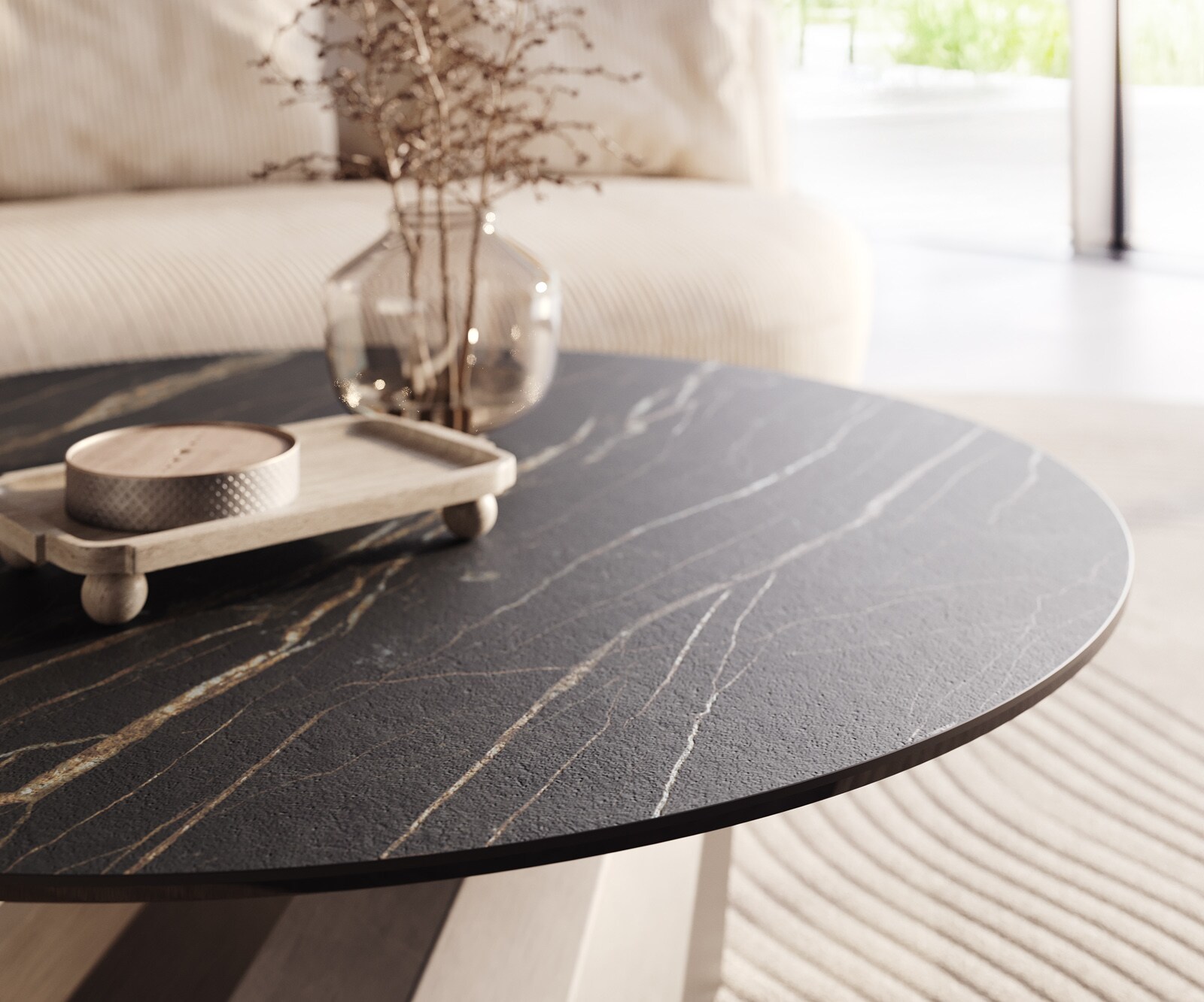 Couchtisch Edge Rund 100x100 cm Keramik Laminam® Noir Desir Braun Parabi Edelstahl gebürstet 3