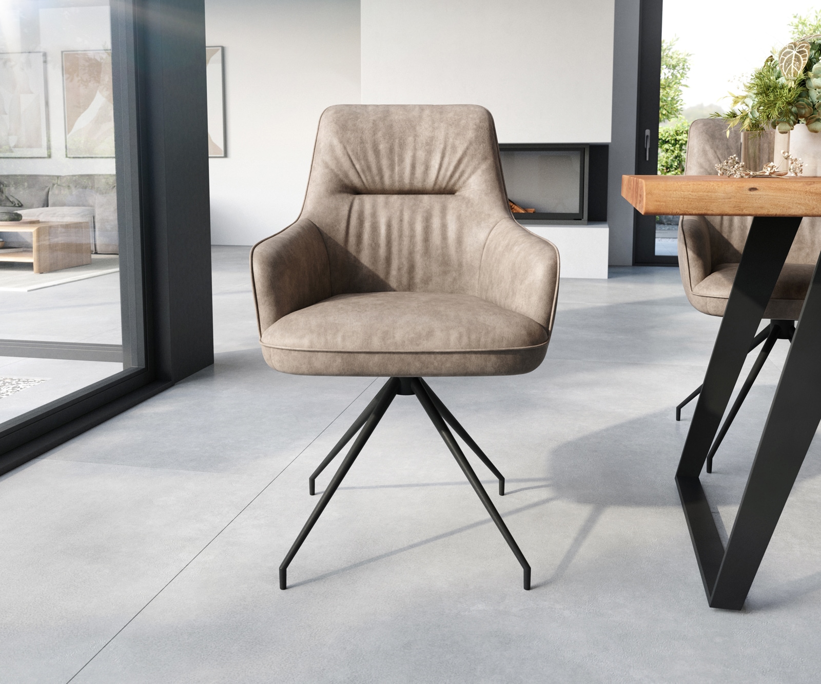 Esszimmerstuhl Zelia-Flex mit Armlehnen Mikrofaser Taupe Vintage Kreuzgestell konisch Schwarz Taschenfederkern 1 Esszimmerstuhl Zelia-Flex mit Armlehnen Mikrofaser Taupe Vintage Kreuzgestell konisch Schwarz Taschenfederkern 1