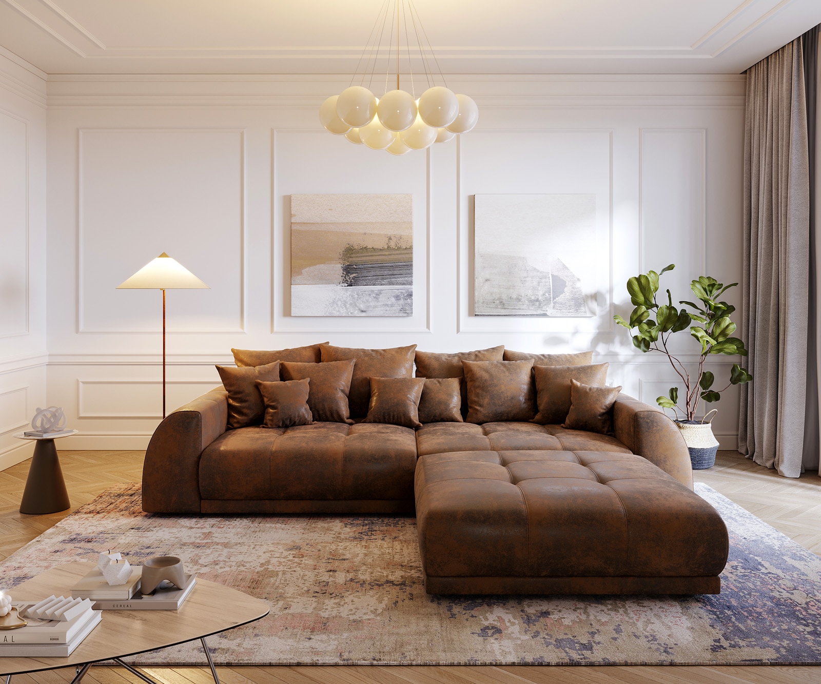 Big-Sofa Violetta 310x135 Braun Antik Optik Hocker Kissen 1 Big-Sofa Violetta 310x135 Braun Antik Optik Hocker Kissen 1