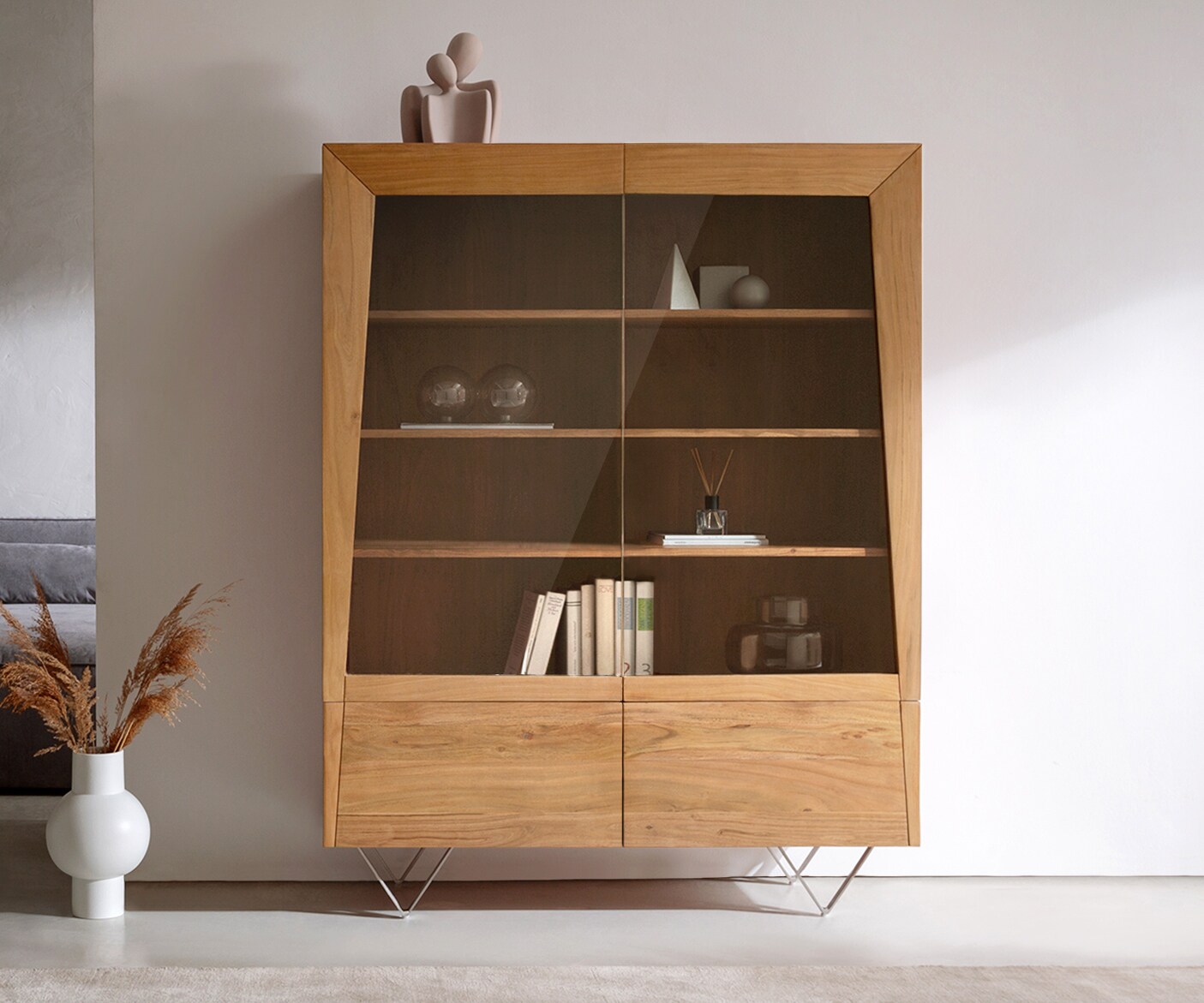 Highboard Kayu 115x150 cm Akazie Natur 2 Glastüren V-Fuß 1