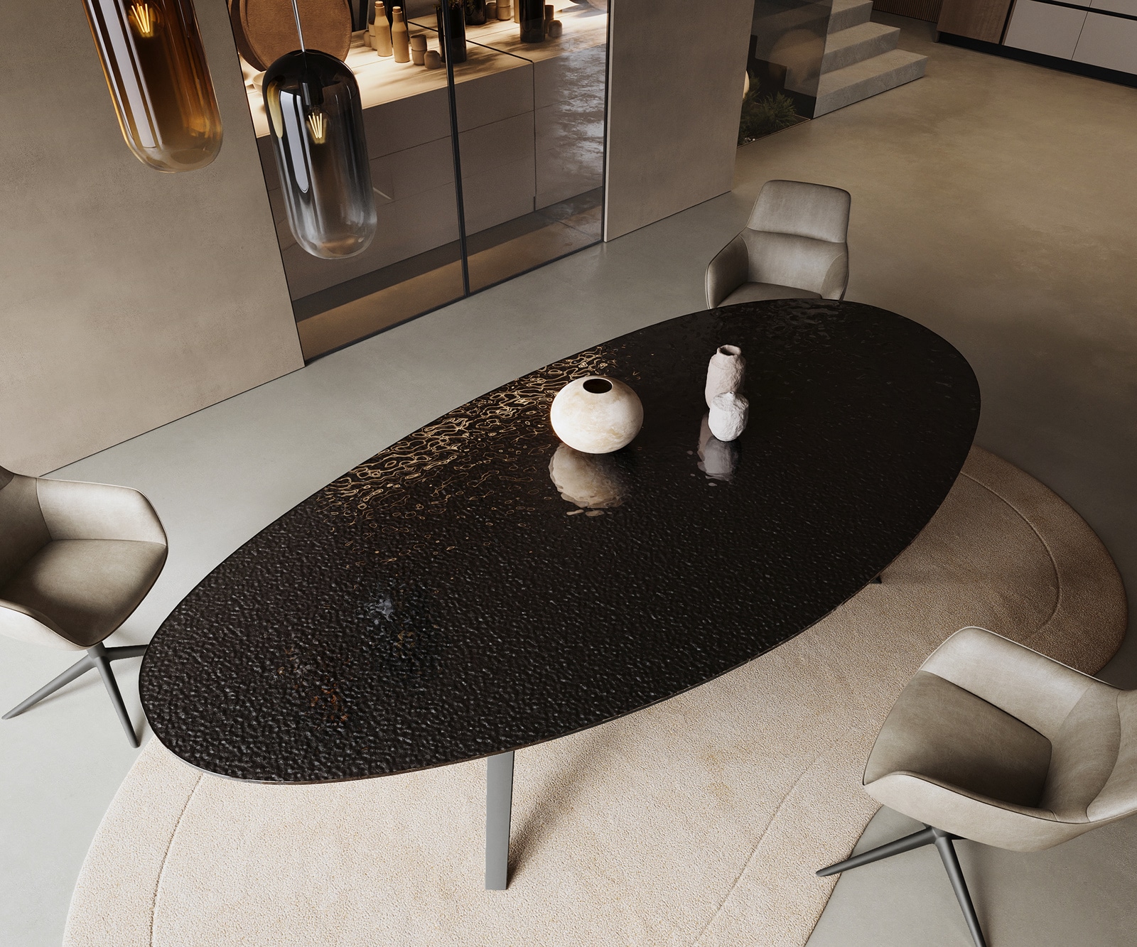 Esstisch Edge Oval 280x130 Reliefglas Rauchschwarz 3D-Design Zenthara kantig Metall Schwarz 3 Esstisch Edge Oval 280x130 Reliefglas Rauchschwarz 3D-Design Zenthara kantig Metall Schwarz 3