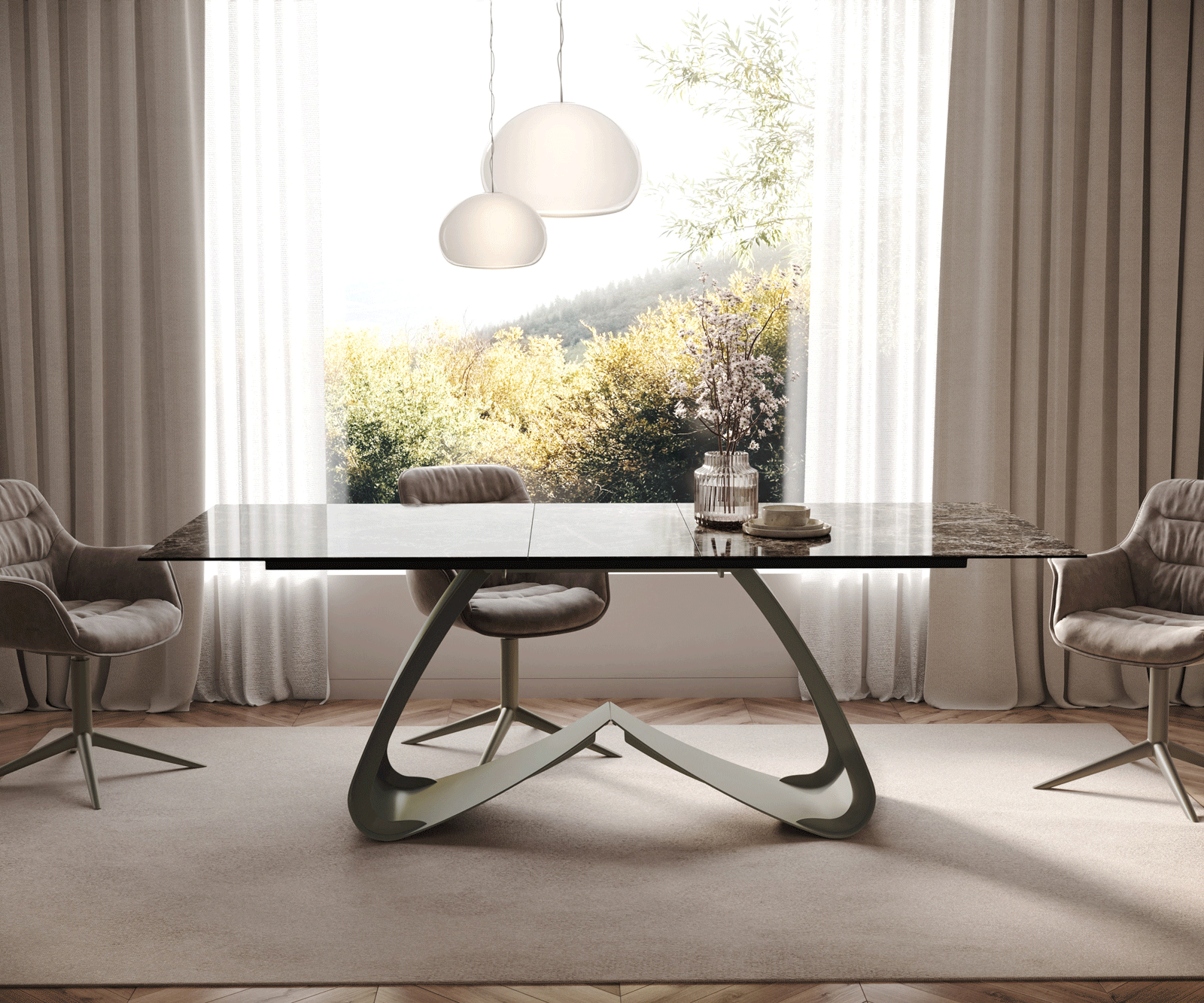 Esstisch Edge 180-220x100 Keramik Laminam® Emperador Extra Lucidato Dunkelbraun W-Gestell Effektfinish Titan ausziehbar 1