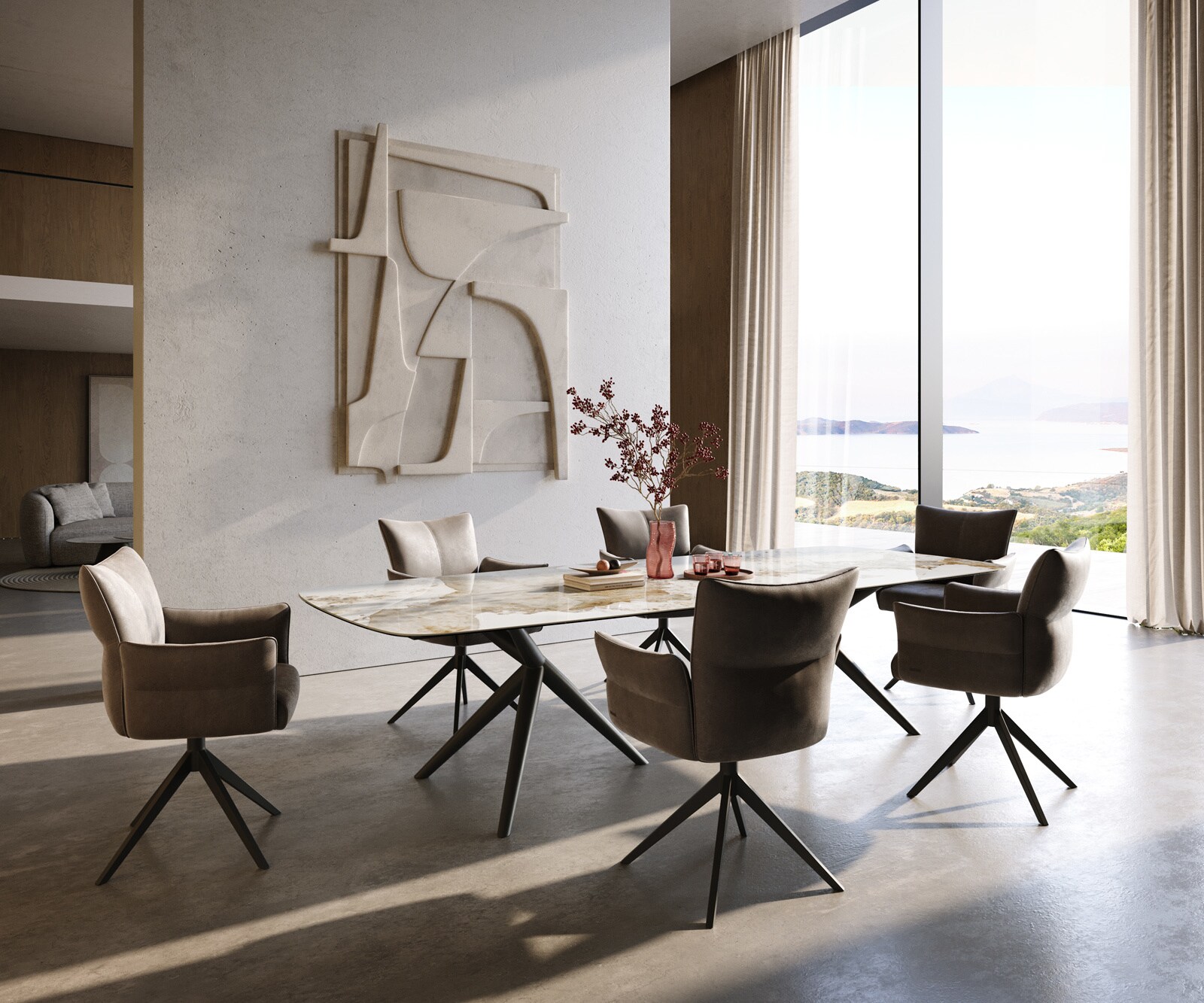 Esstisch Edge Boot 300x120 cm Keramik Minas Melange Weiß-Beige Estelar rund Metall Schwarz 6