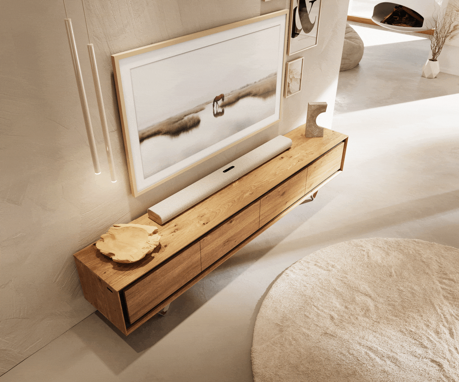 Lowboard Stonegrace 200 cm Eiche Natur 4 Türen Steinfurnier V-Fuß Edelstahl 4 Lowboard Stonegrace 200 cm Eiche Natur 4 Türen Steinfurnier V-Fuß Edelstahl 4