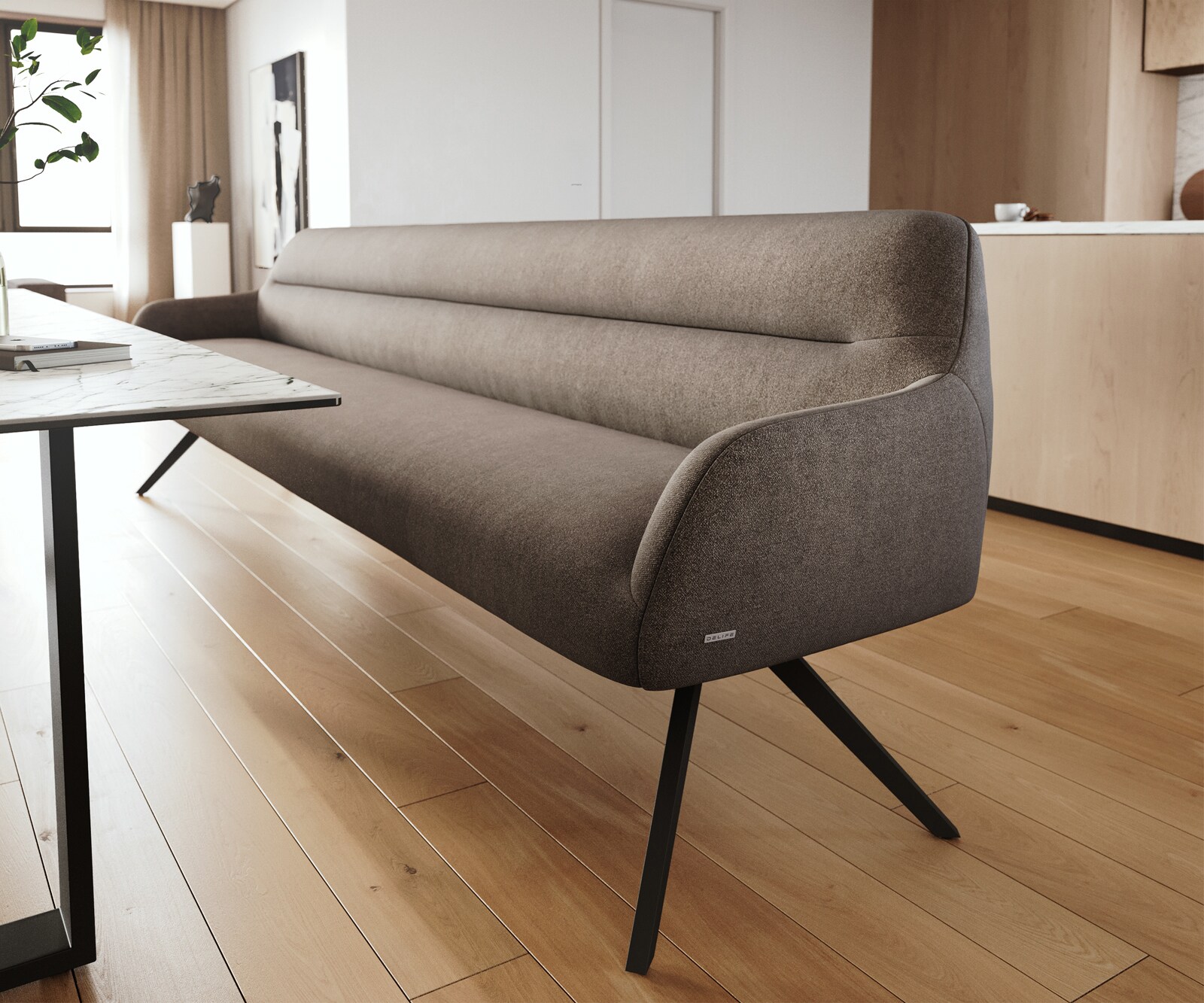 Esszimmerbank Taya-Flex 300 cm Strukturstoff Soft Taupe Kreuzgestell kantig Schwarz Taschenfederkern 4