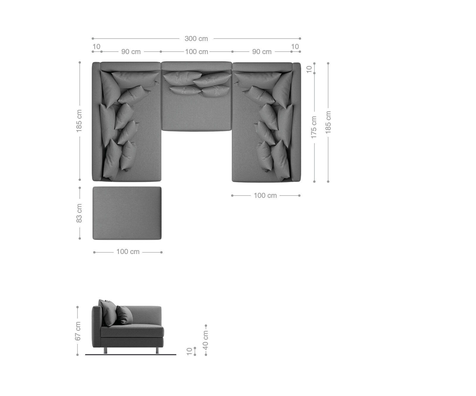 Wohnlandschaft Clovis Anthrazit Antik Optik modular Hocker  5