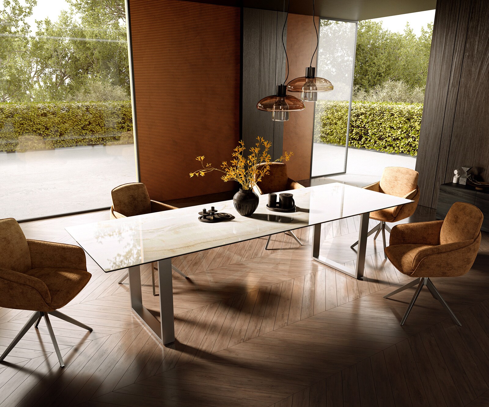 Esstisch Edge 300x100 Keramik Laminam® Onice Oro Edelstahl Schmal 7