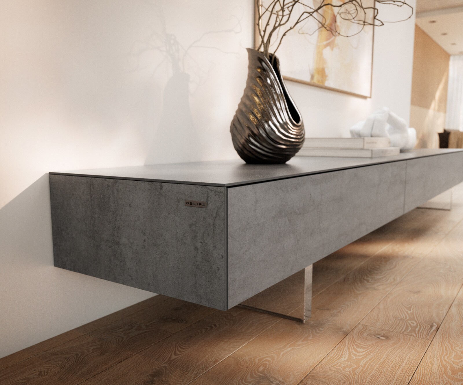 Lowboard Cuor 250 cm Keramik Beton Grau 1 Klappe 1 Schubfach Fuß Schwebeoptik Acrylglas 5