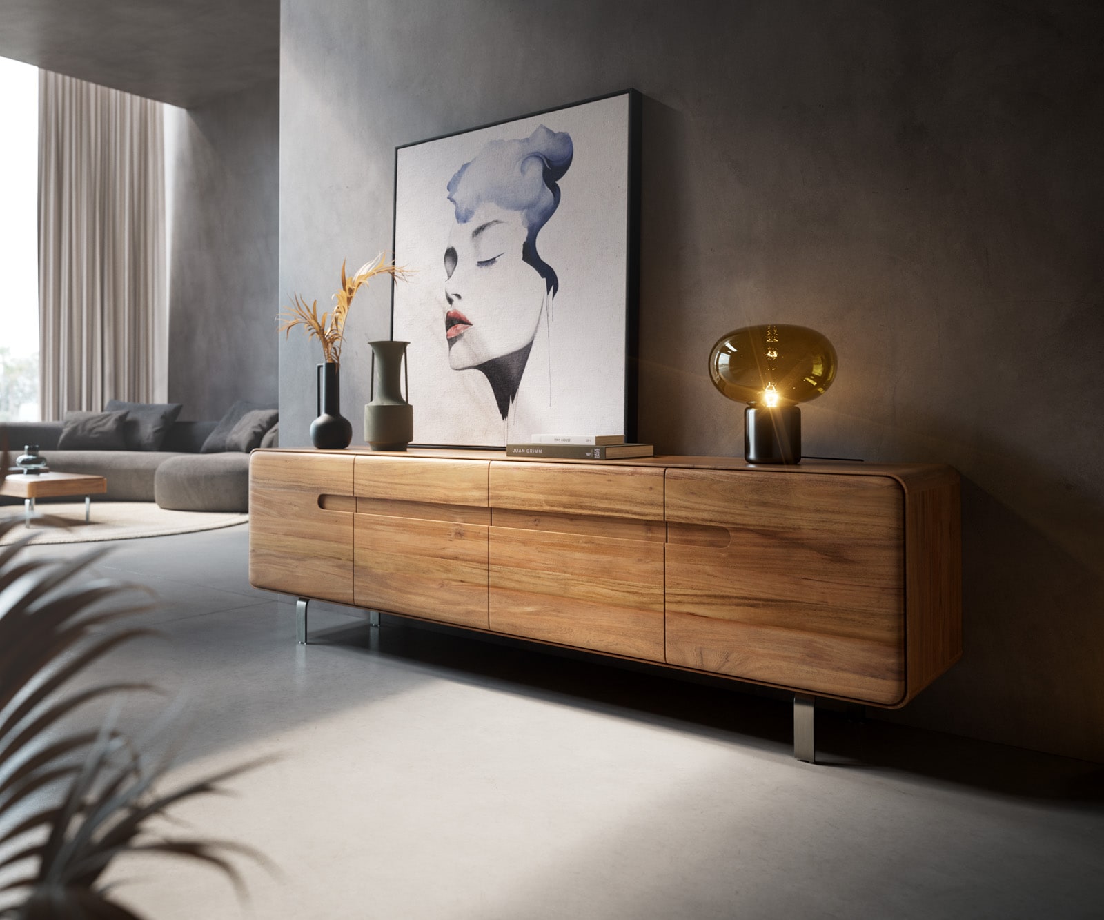 Lowboard Anaya 200 cm Akazie Natur 4 Türen L-Fuß Edelstahl 2