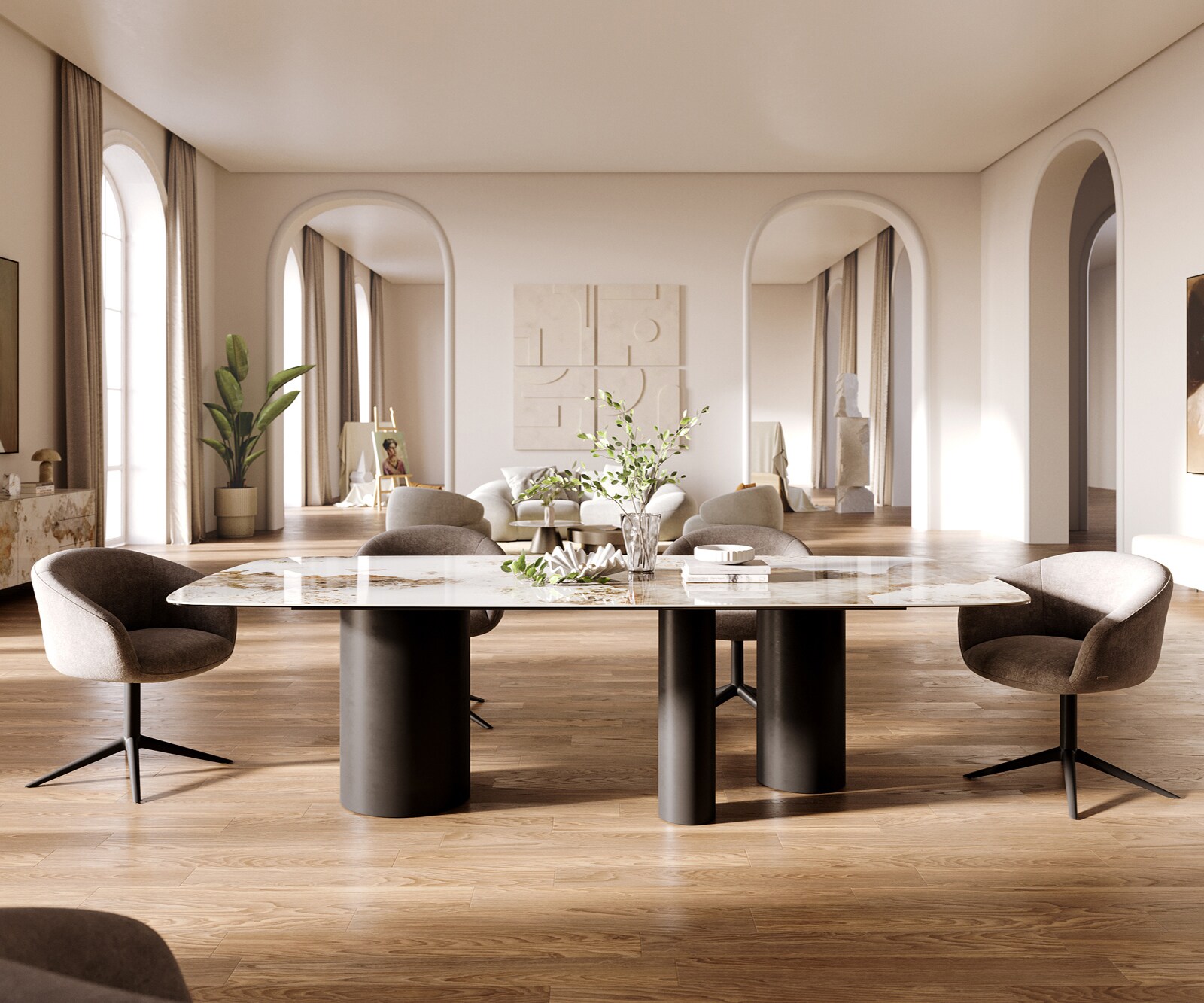 Esstisch Edge Boot 260x120 cm Keramik Minas Melange Weiß-Beige Troa Metall Schwarz 2