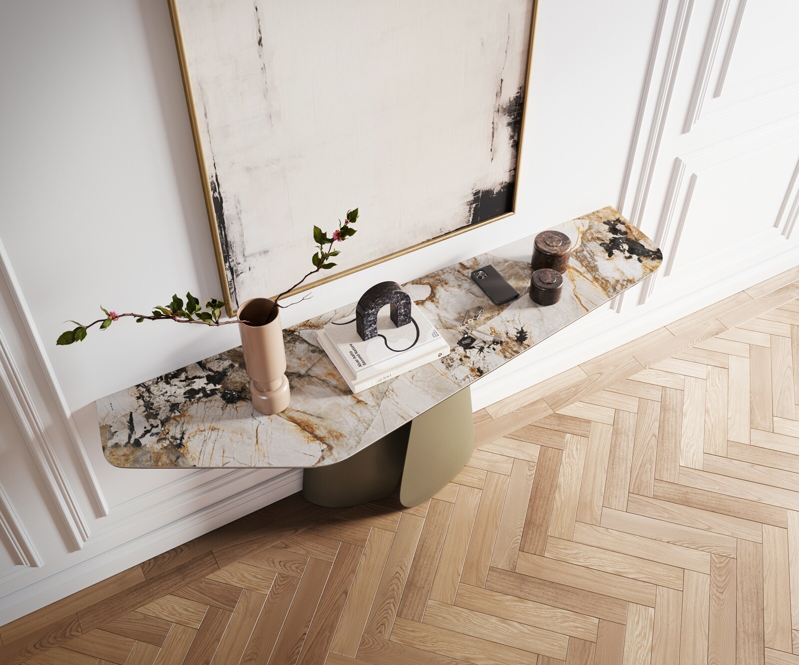 Konsolentisch Edge Polygonal 180x50 cm Keramik Patagonia Poliert Livos Metall Effektfinish Titan 1