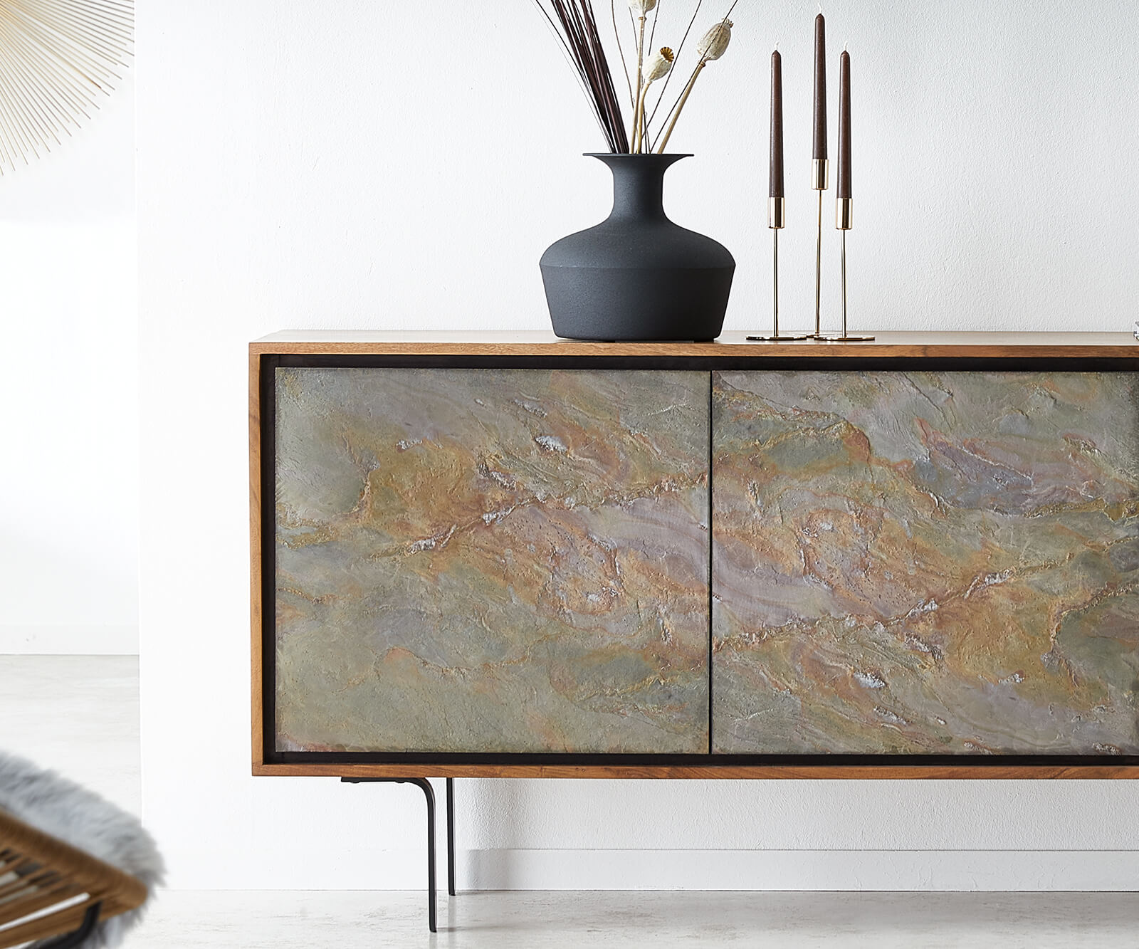 Sideboard Juwelo 175 cm Akazie Natur mit Steinfurnier  5