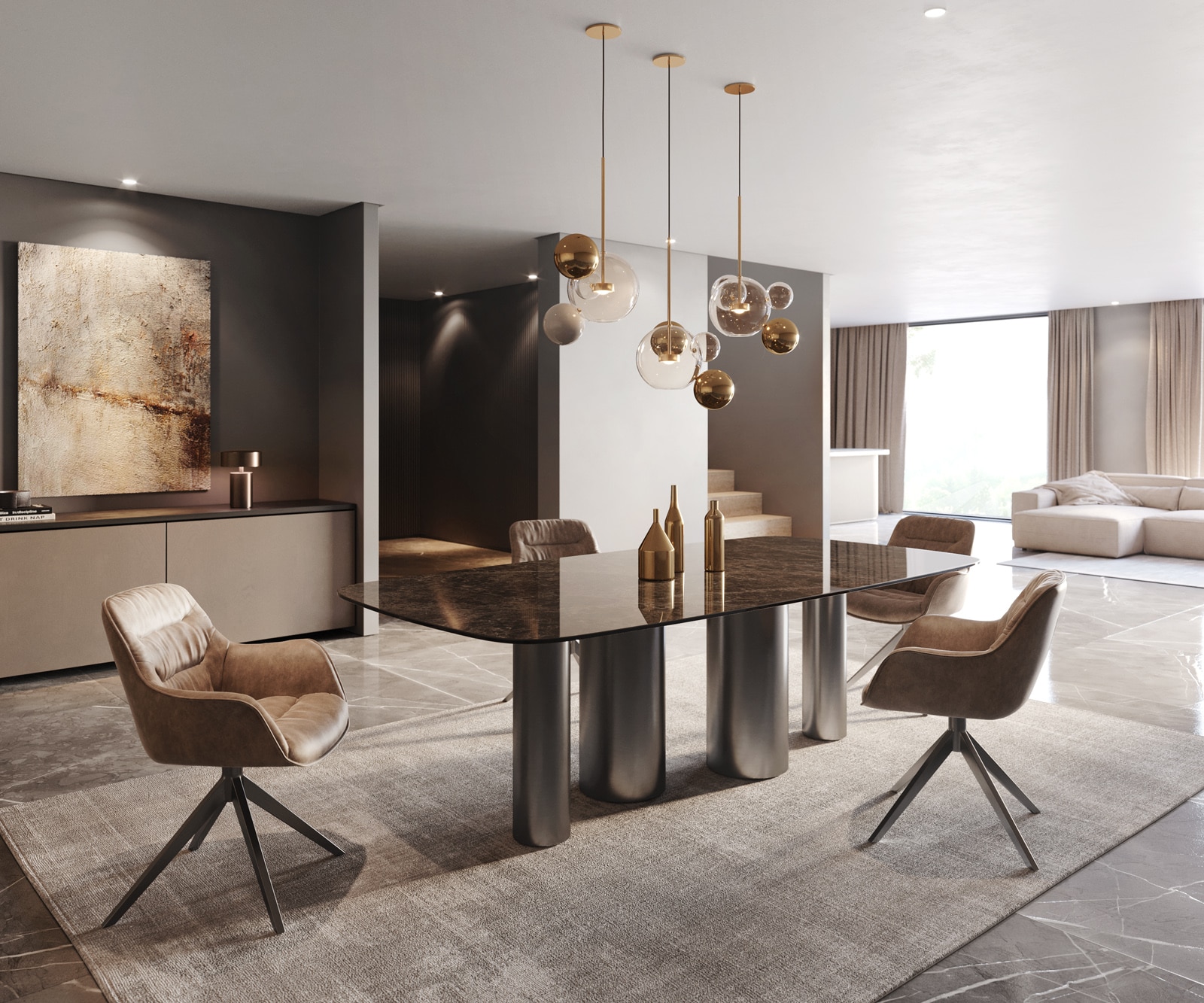 Esstisch Edge Boot 240x120 Keramik Laminam® Emperador Extra Lucidato Dunkelbraun Pilier Edelstahl Graphit 6