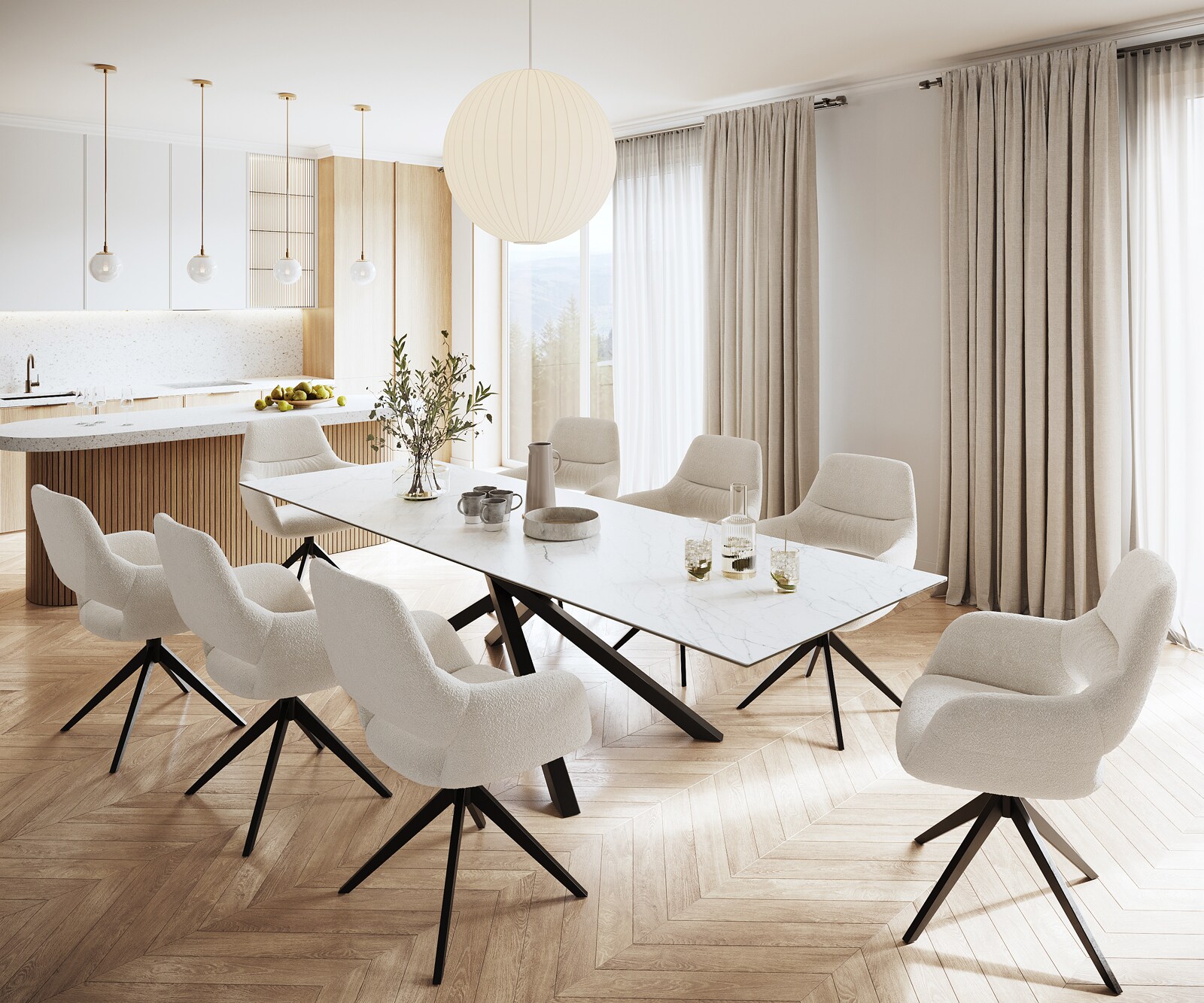 Esstisch Edge 300x100cm Keramik Laminam® Statuarietto Weiß Mittelfuß Kreuz Schwarz 6