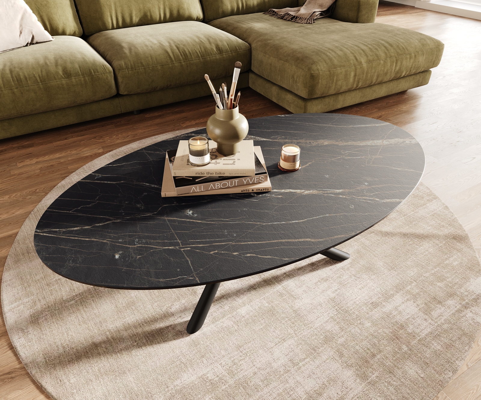 Couchtisch Edge Oval 140x80 cm Keramik Laminam® Noir Desir Braun Sarity Metall Schwarz 3