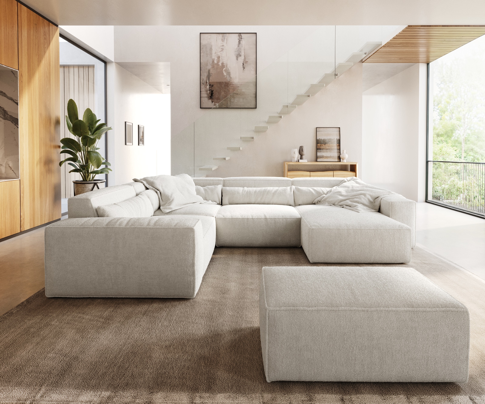 Delife Wohnlandschaft Sirpio 300x210 Cm Bouclé Creme-Weiß Recamiere Variabel Mit Hocker