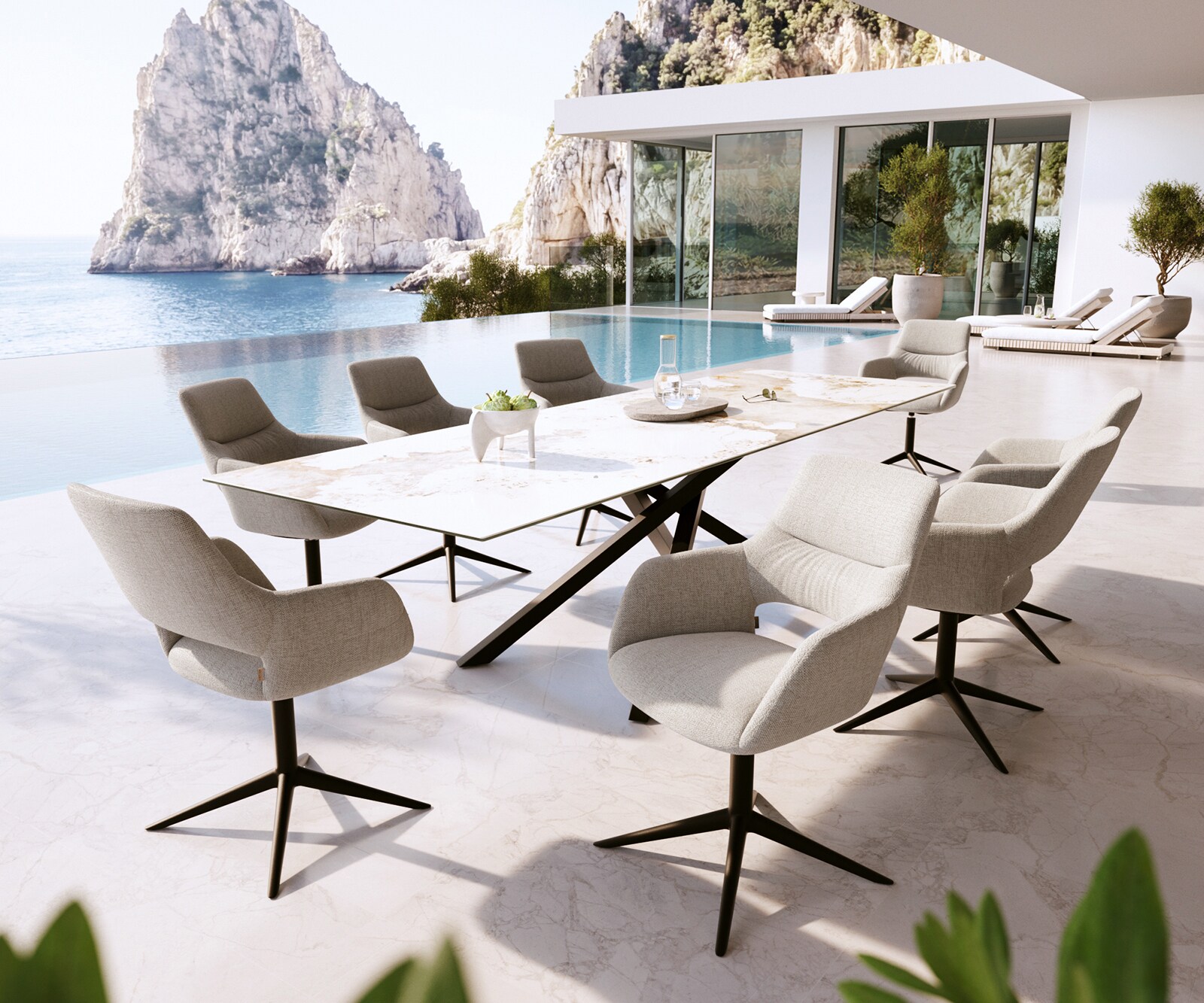 Outdoorstuhl Yago-Flex mit Armlehnen Strukturstoff Grau-Weiß Fußkreuz Schwarz 360° drehbar Wippfunktion 3