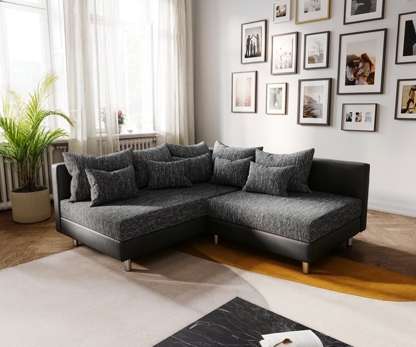 Ecksofa Clovis Schwarz Ottomane Links modular erweiterbar 1