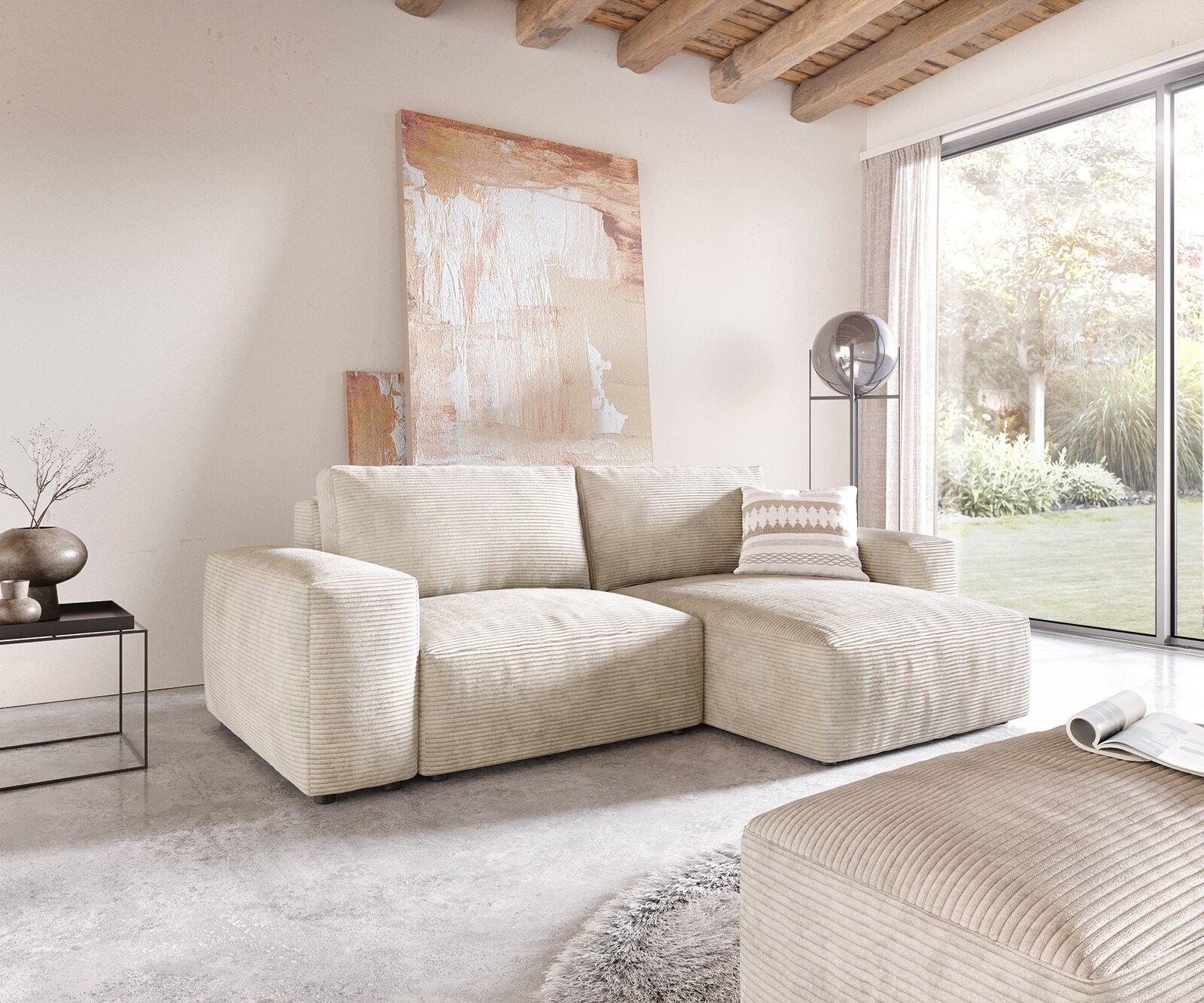 Ecksofa Lanzo 230x155 cm Cord Beige Recamiere variabel mit Hocker
