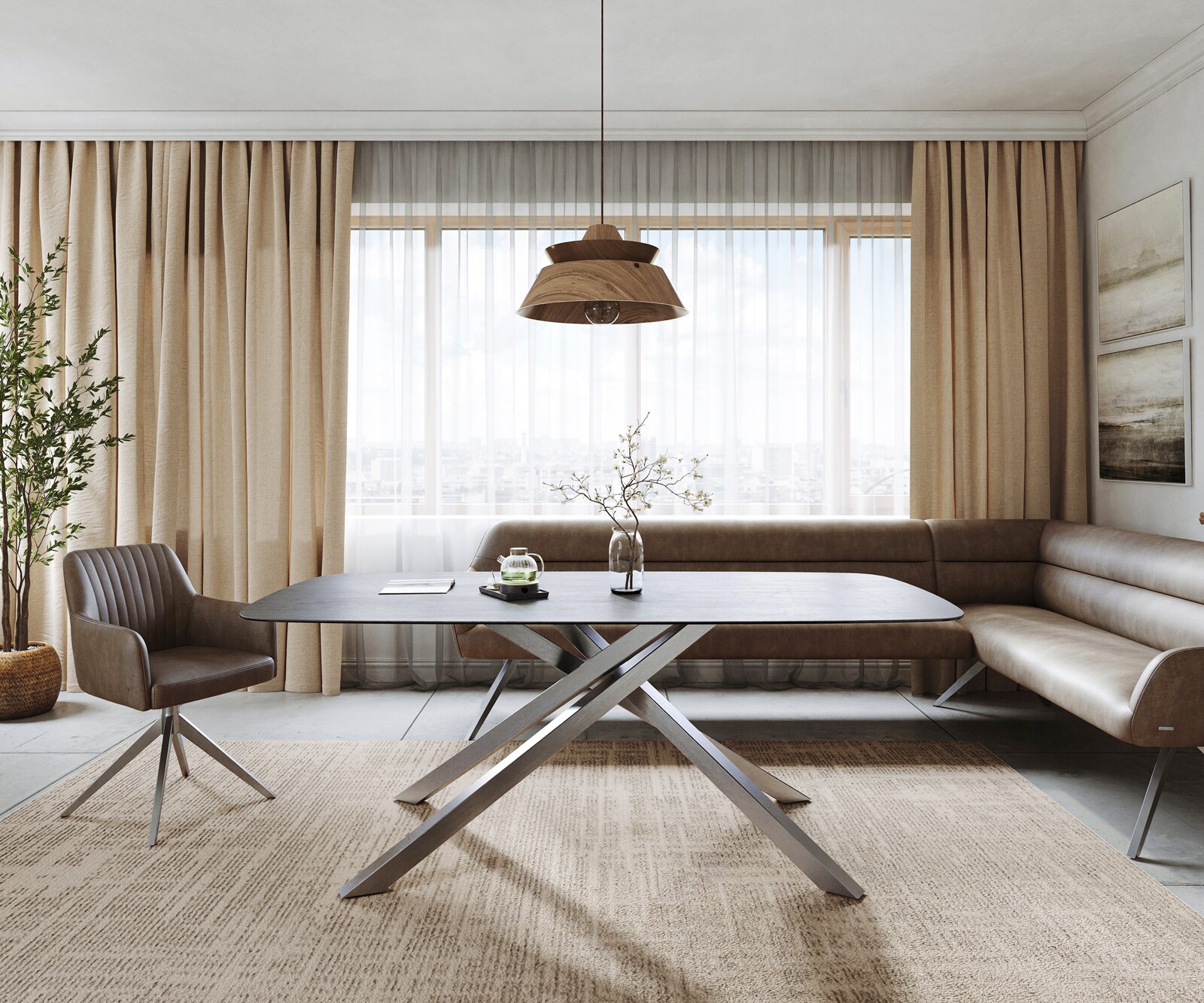 Esstisch Edge Boot 200x100 cm Keramik Boulevard Betonoptik Kreuzgestell Rechteck Edelstahl 1