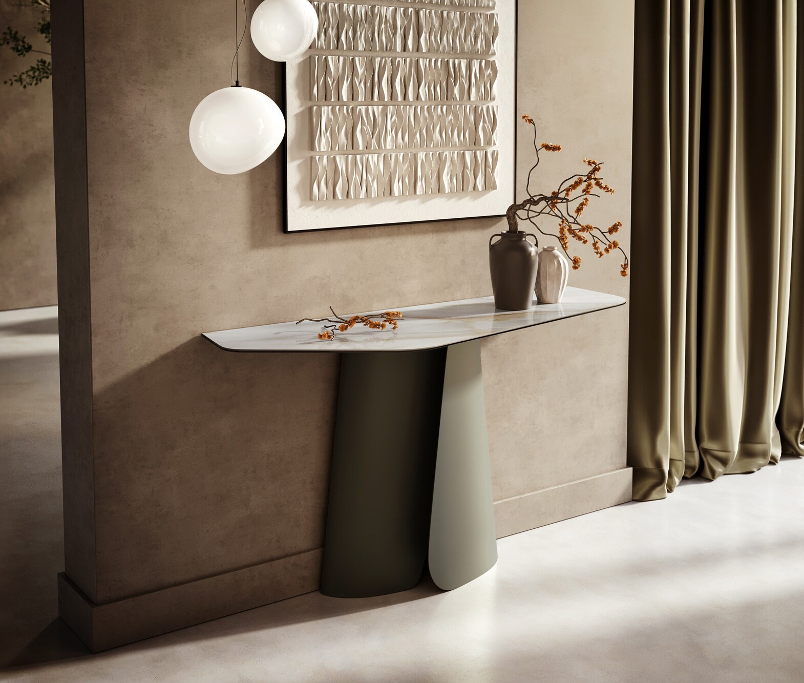 Konsolentisch Edge Polygonal 140x50 cm Keramik Onyx Pearl Livos Metall Effektfinish Titan 3