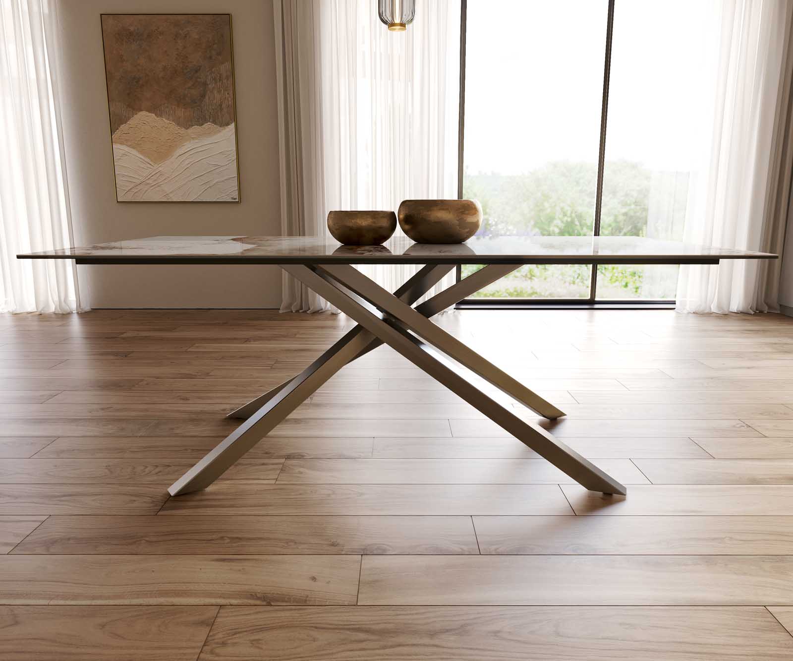 Esstisch Edge 200x100 Keramik Minas Melange Weiß-Beige Kreuzgestell Rechteck Edelstahl 8