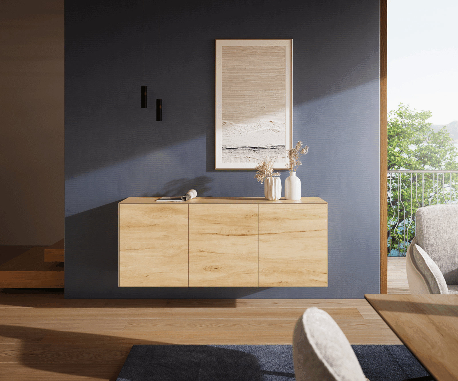 Sideboard Cuor 150 cm Keramik Laminam® Sabbia Eichefarbig 3 Türen Schwebend 2