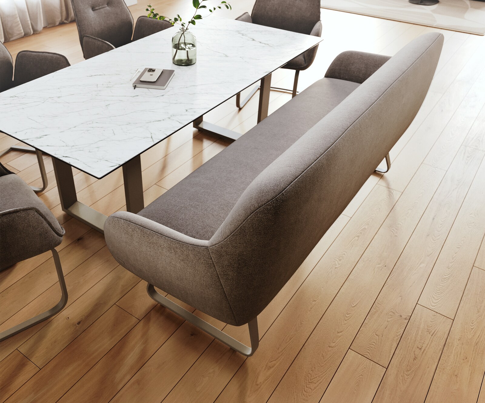 Esszimmerbank Taya-Flex 200 cm Strukturstoff Soft Taupe Kufengestell flach Effektfinish Titan Taschenfederkern 4