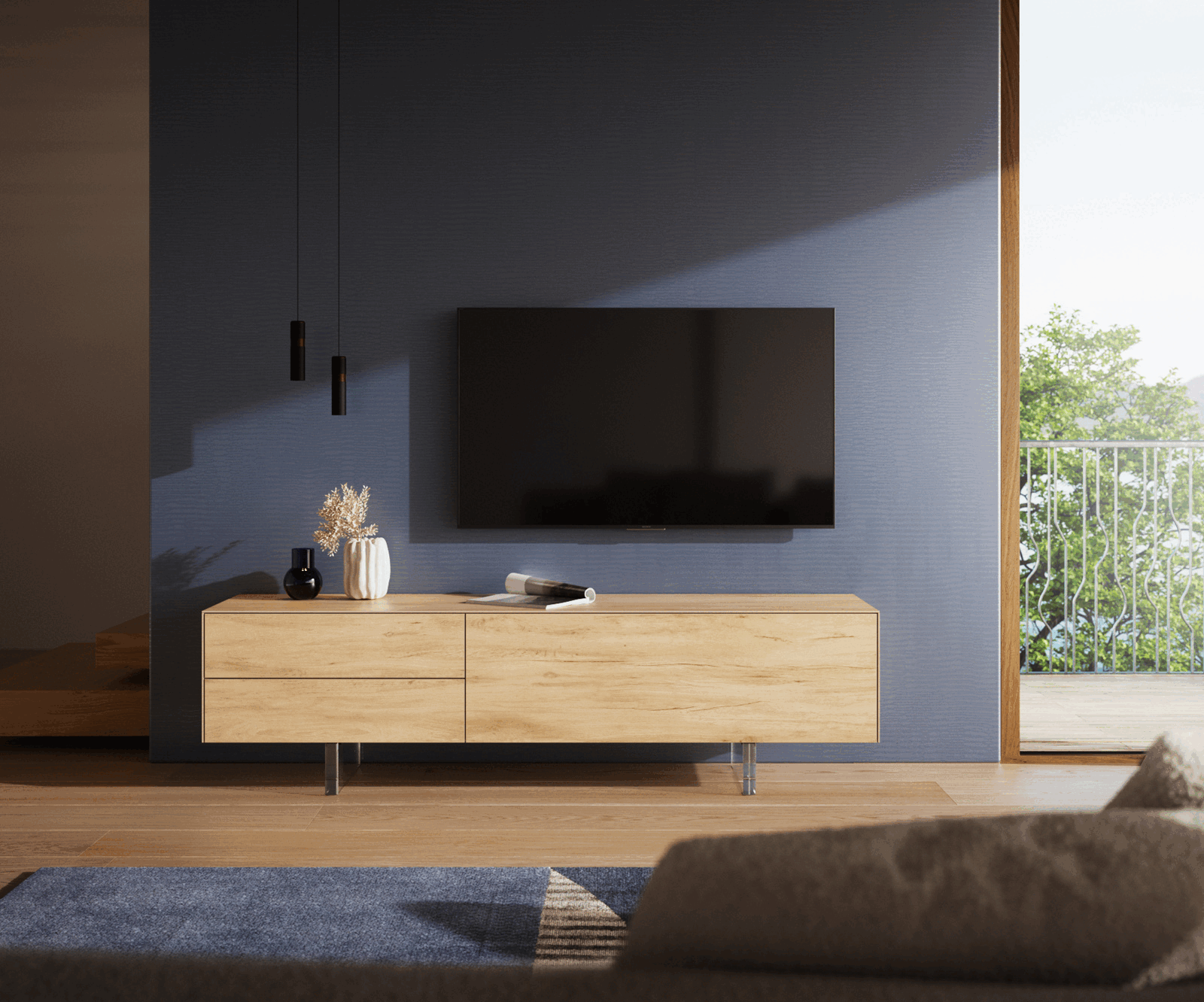 Lowboard Cuor 180 cm Keramik Laminam® Sabbia Eichefarbig 1 Klappe 2 Schubfächer Fuß Schwebeoptik Acrylglas 2