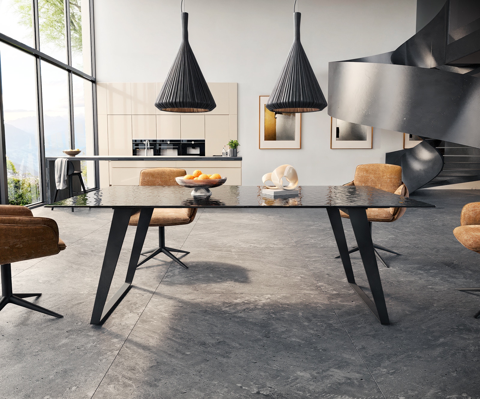 Esstisch Edge 200x100 Reliefglas Rauchschwarz 3D-Design Metall Schräg Schwarz 1 Esstisch Edge 200x100 Reliefglas Rauchschwarz 3D-Design Metall Schräg Schwarz 1