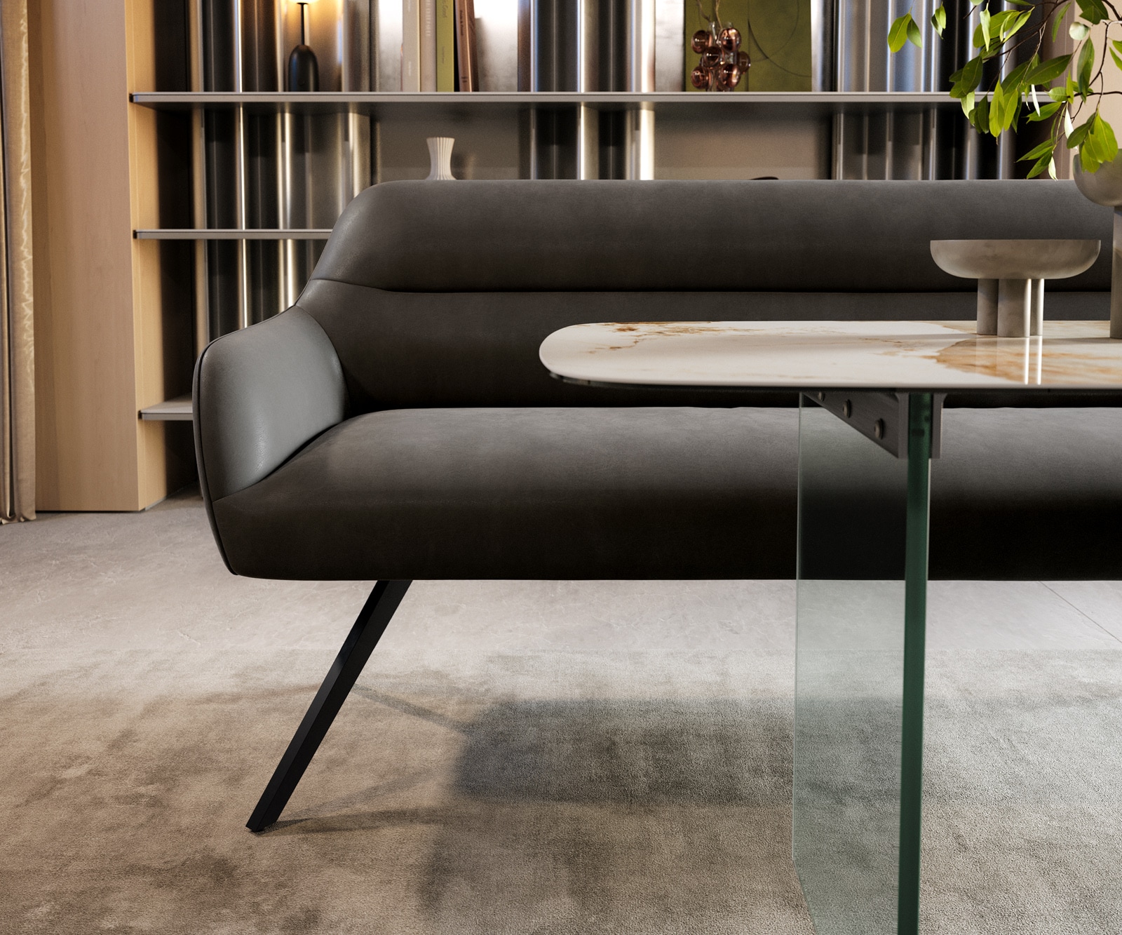 Esszimmerbank Taya-Flex 200 cm Mikrofaser Anthrazit Vintage Kreuzgestell kantig Schwarz Taschenfederkern 1