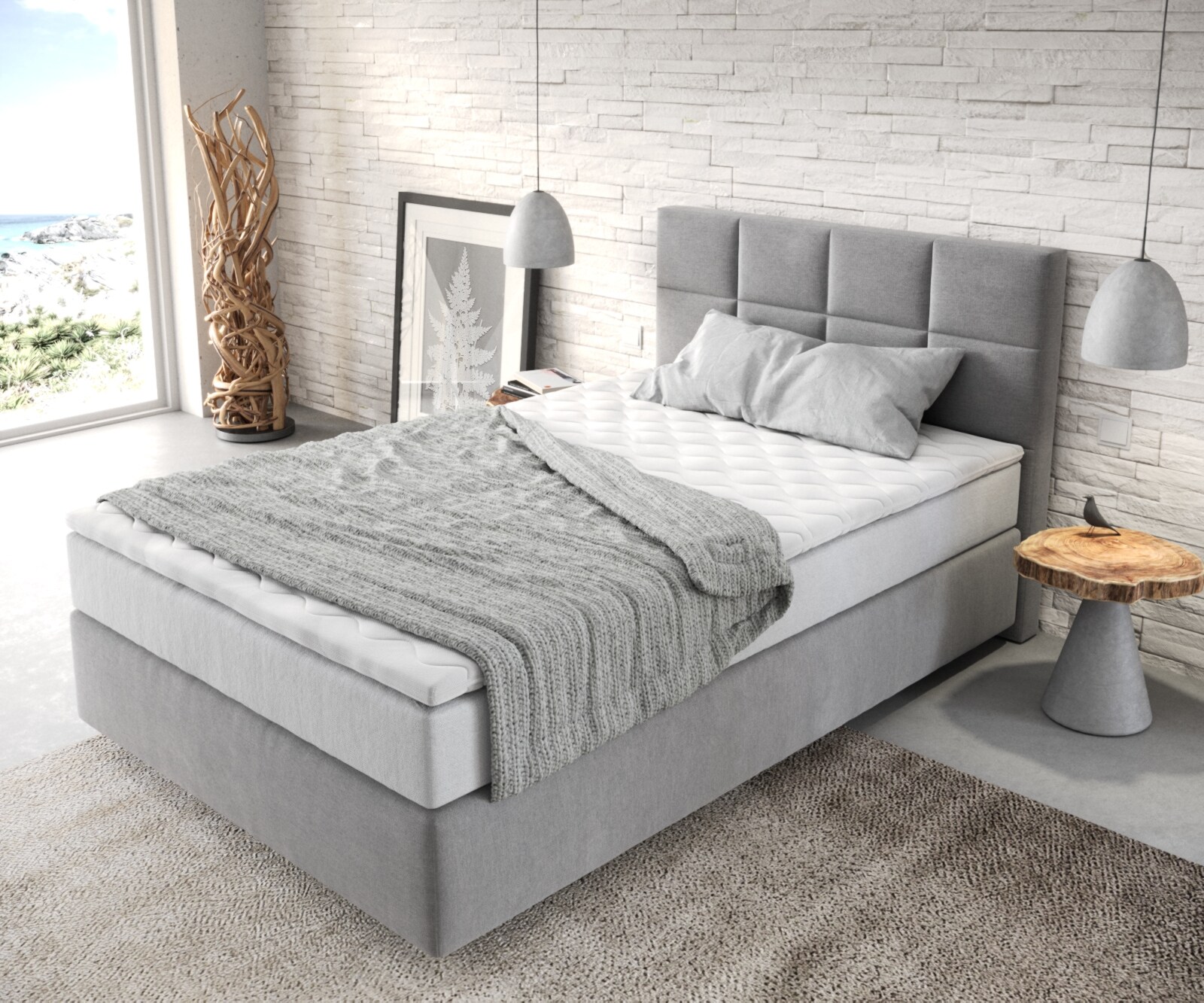 Boxspringbett Dream-Fine 120x200 cm Mikrofaser Grau mit TFK Matratze und Visco Topper 3