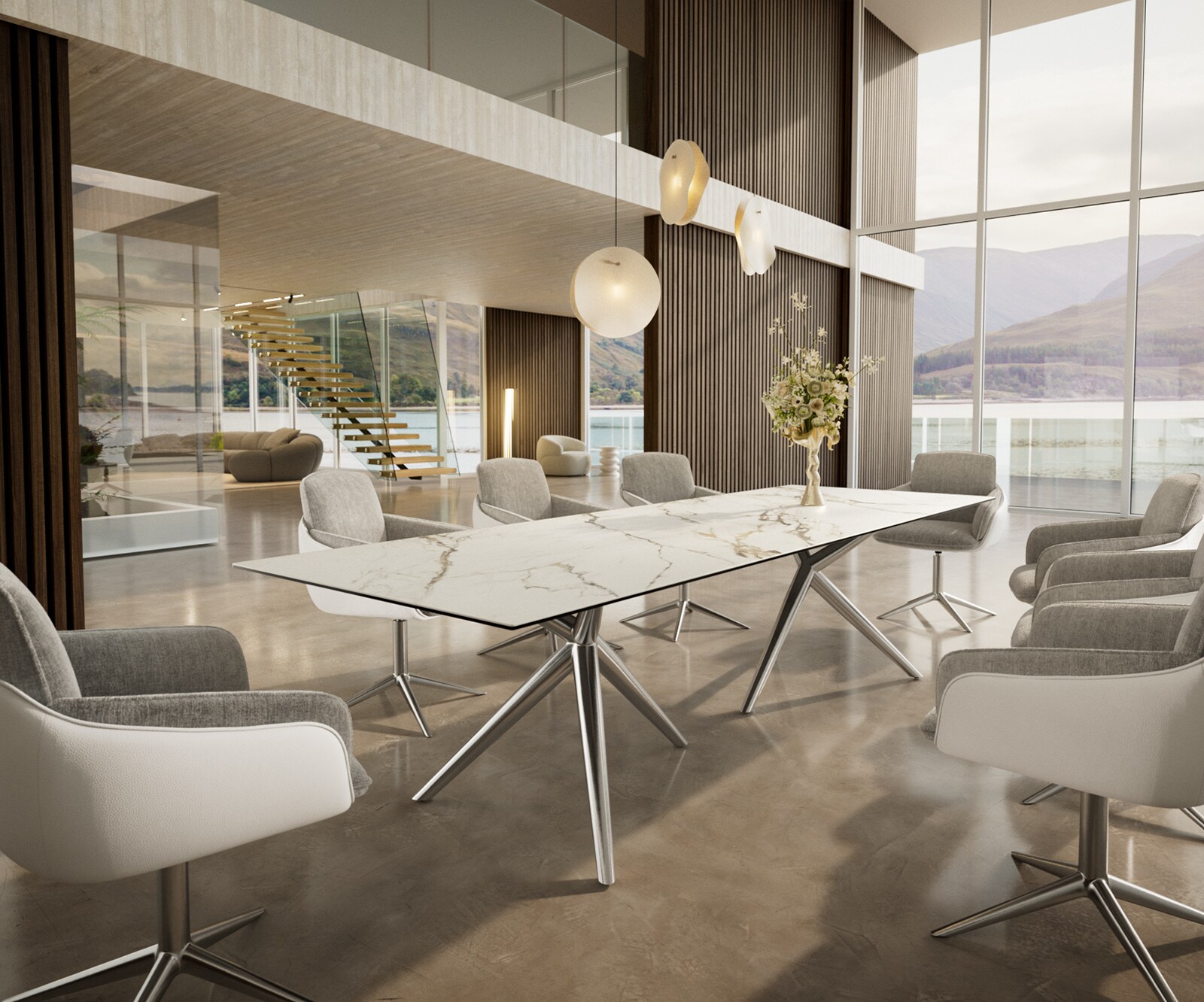 Esstisch Edge 300x100 Keramik Calacatta Luxe Weiß-Gold-Grau Estelar rund Edelstahl 5