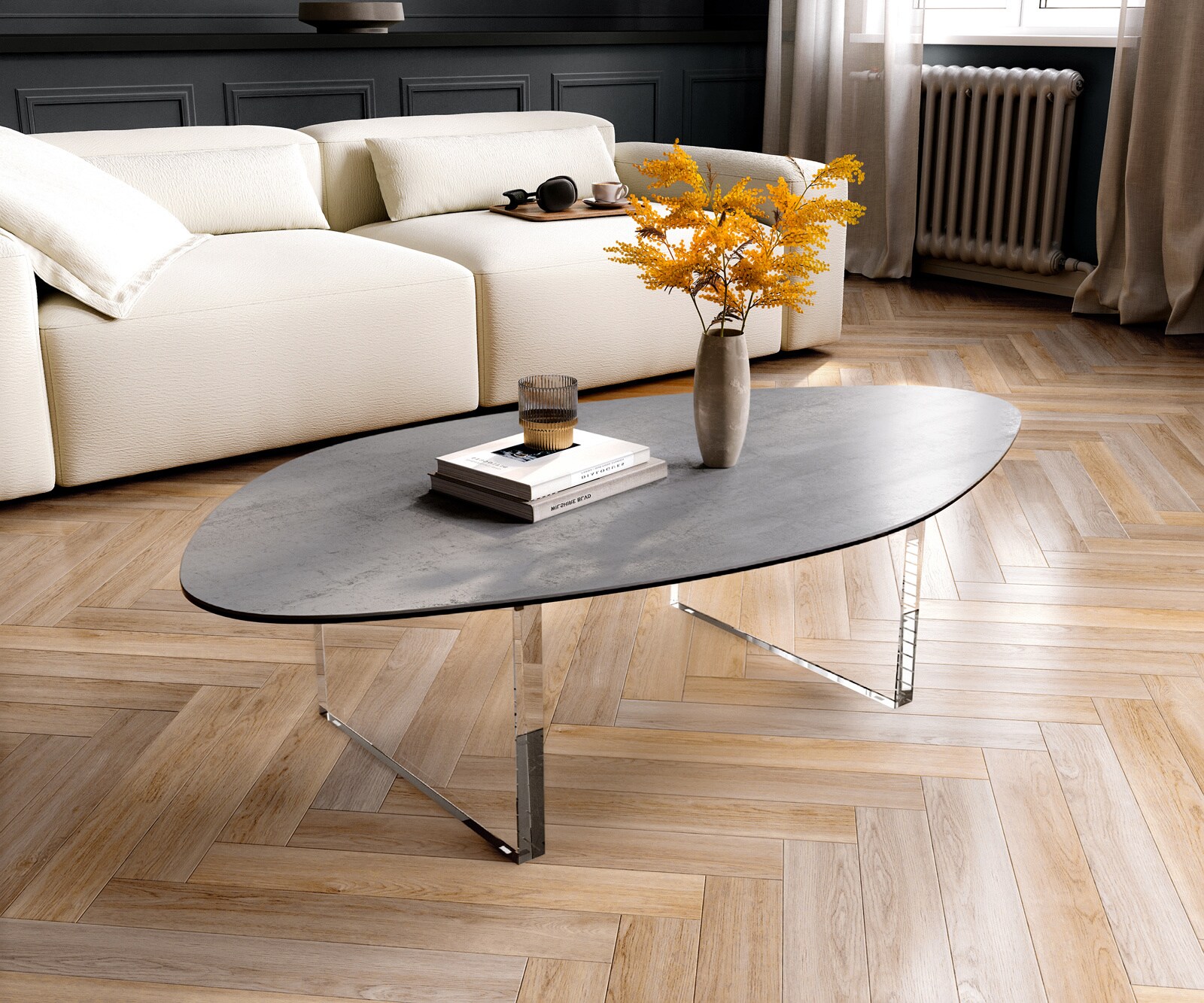 Couchtisch Edge Organisch 140x76 cm Keramik Beton Grau Lumia Acryl