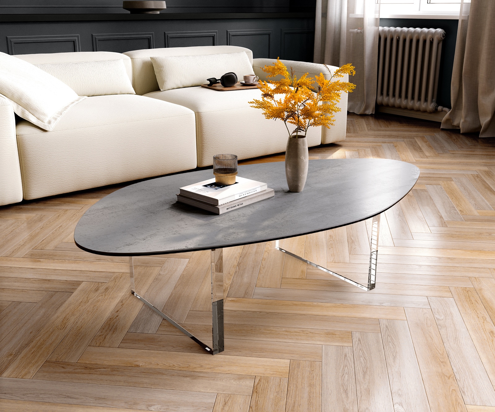 Couchtisch Edge Organisch 140x76 cm Keramik Beton Grau Lumia Acryl