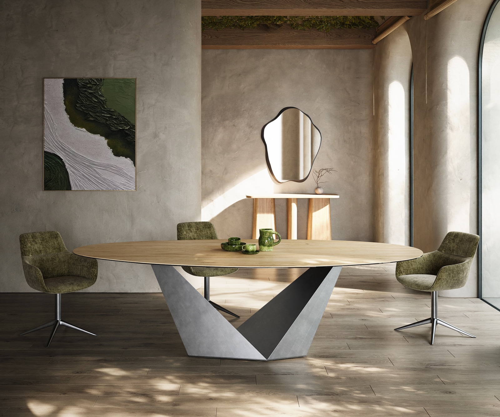 Esstisch Edge Oval 280x130 Keramik Laminam® Sabbia Eichefarbig Prisma Metallic Silber 1