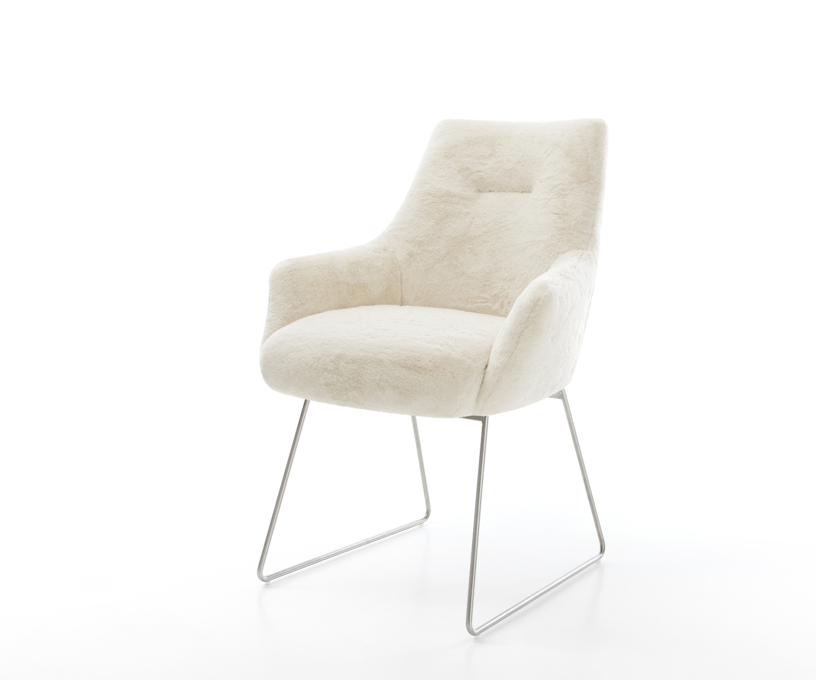 Esszimmerstuhl Alja-Flex mit Armlehnen Plüsch Creme-Weiß Kufengestell Edelstahl Taschenfederkern Esszimmerstuhl Alja-Flex mit Armlehnen Plüsch Creme-Weiß Kufengestell Edelstahl Taschenfederkern