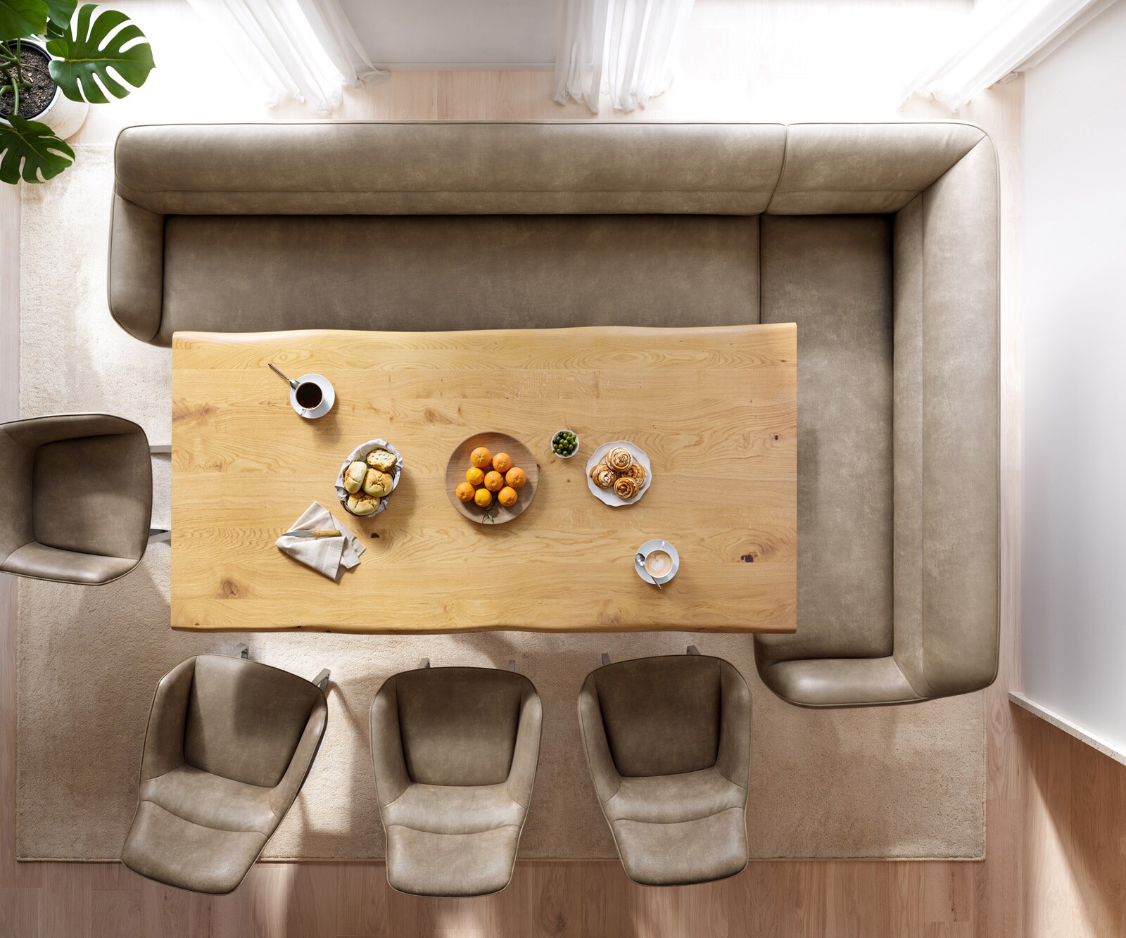 Esszimmerbank Taya-Flex 285x190 cm Mikrofaser Beige Vintage Kreuzgestell kantig Effektfinish Titan Taschenfederkern Links 5