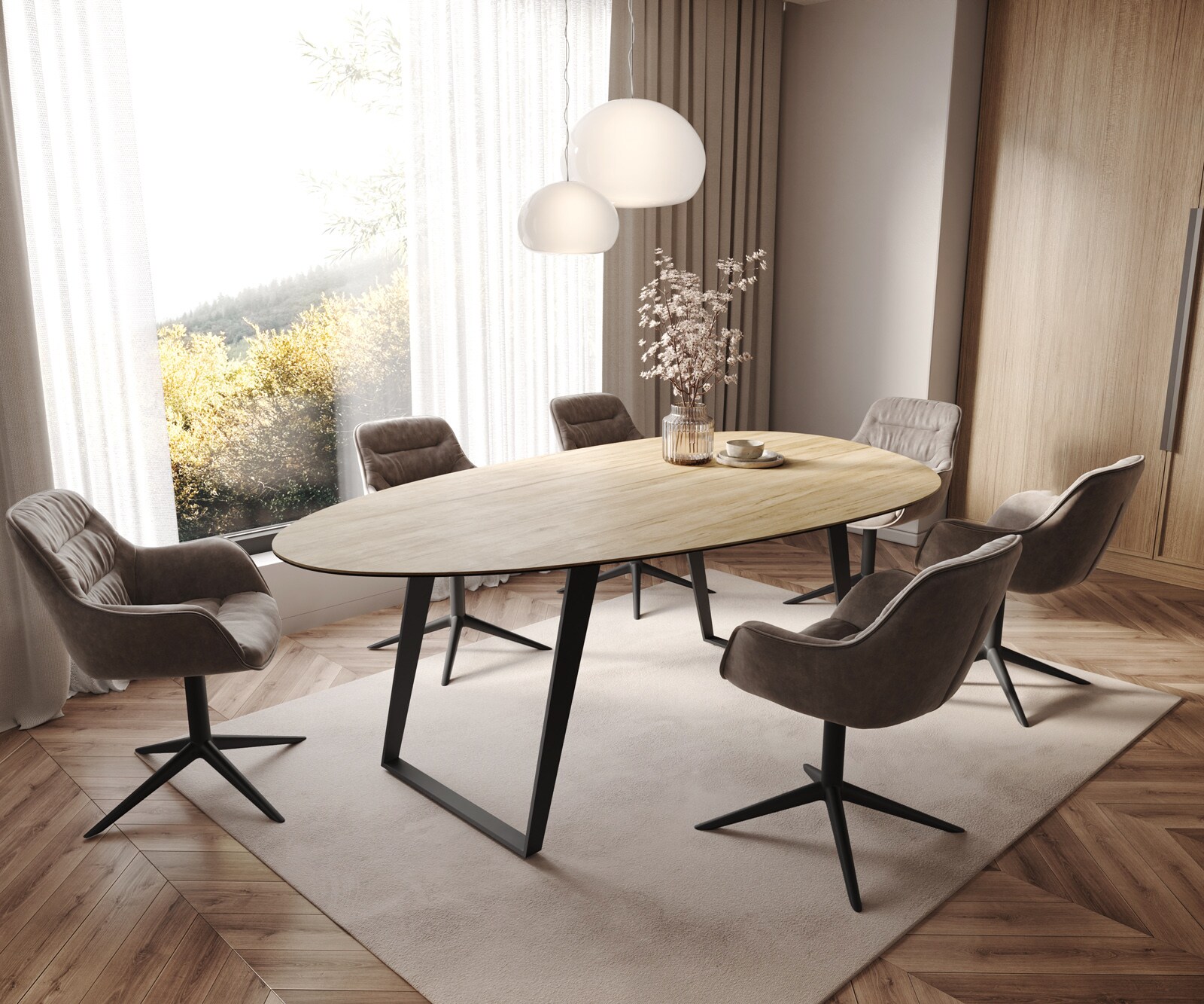 Esstisch Edge Oval 220x120 cm Keramik Laminam® Sabbia Eichefarbig Metall Schräg Schwarz 7