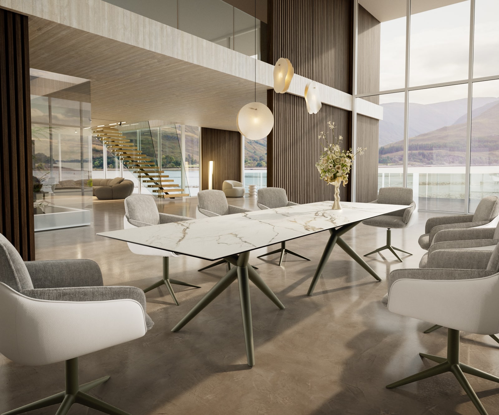 Esstisch Edge 300x100 Keramik Calacatta Luxe Weiß-Gold-Grau Estelar rund Metall Effektfinish Titan 5 Esstisch Edge 300x100 Keramik Calacatta Luxe Weiß-Gold-Grau Estelar rund Metall Effektfinish Titan 5