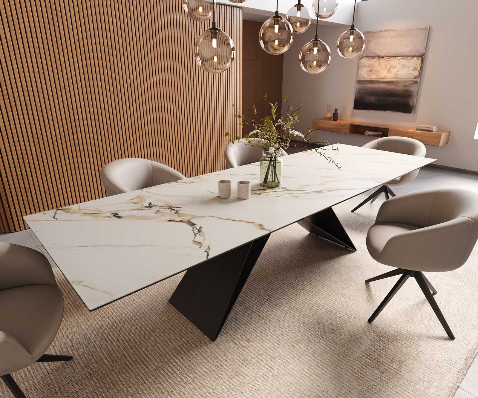 Delife Esstisch Edge 300x100 Keramik Calacatta Luxe Weiß-Gold-Grau V-Gestell Flachstahl Schwarz