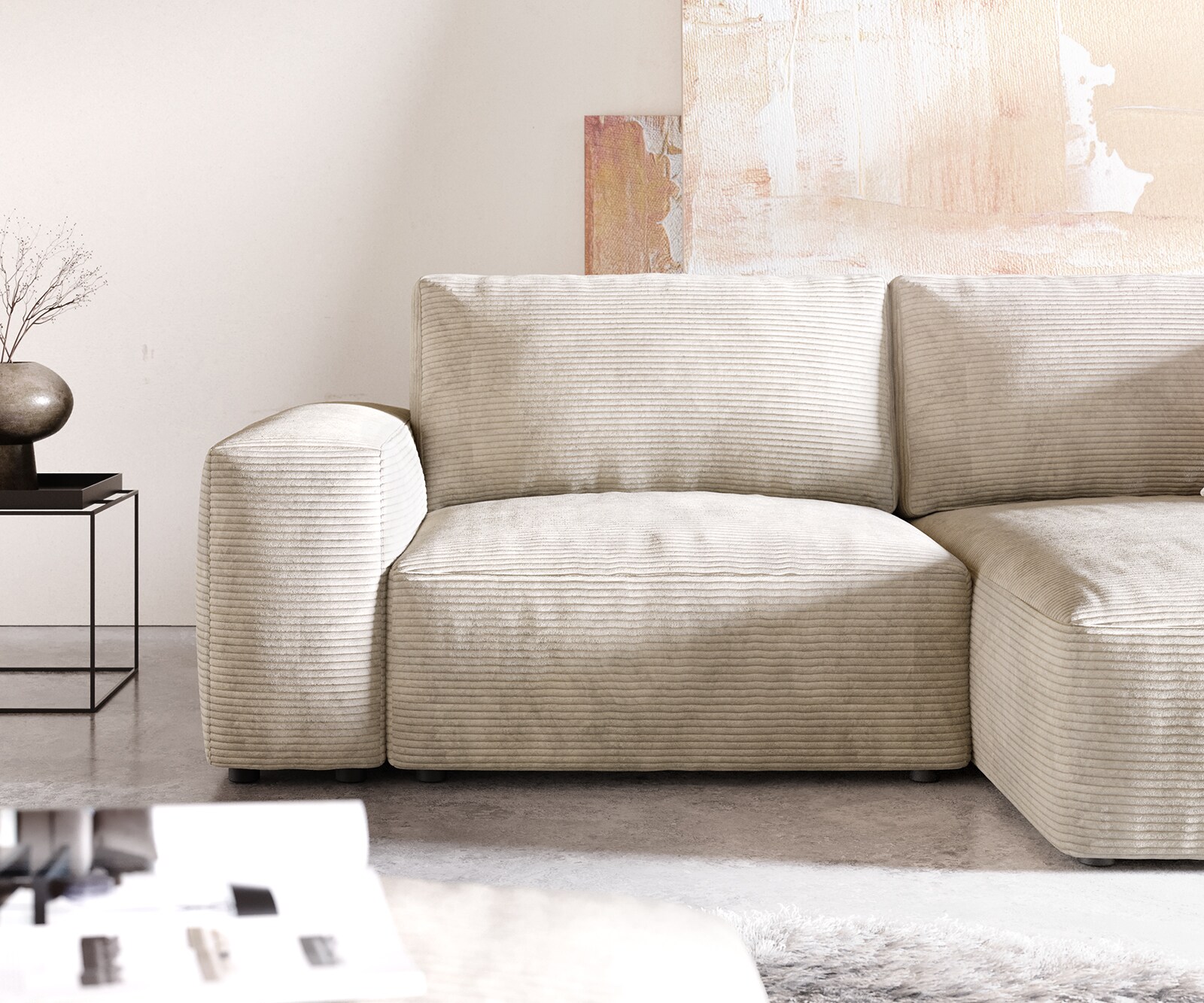 Ecksofa Lanzo 230x155 cm Cord Beige Recamiere variabel mit Hocker 4