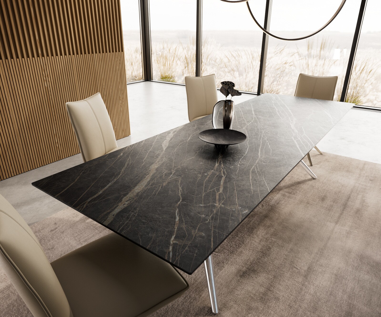 Esstisch Edge 300x100 Keramik Laminam®Noir Desir Braun Estelar rund Edelstahl 4