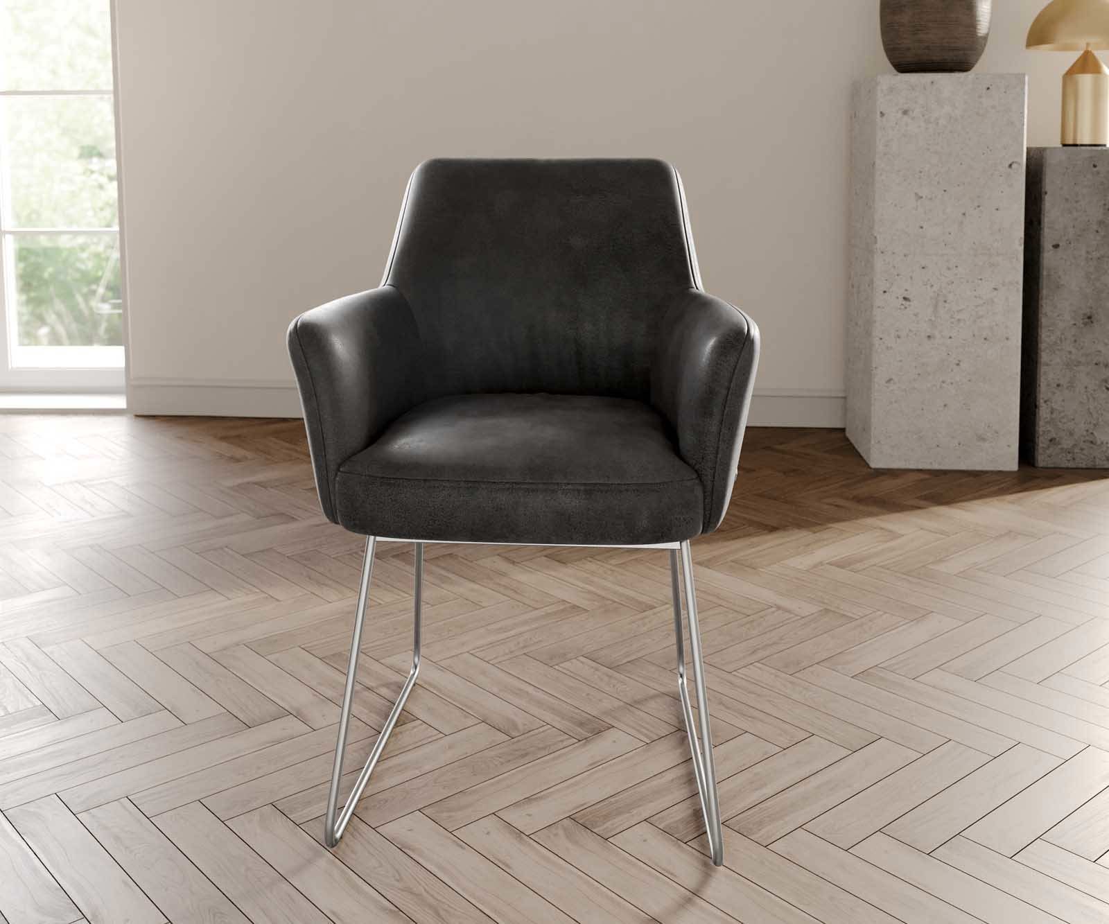 Esszimmerstuhl Xana-Flex mit Armlehnen Mikrofaser Anthrazit Vintage Kufengestell Edelstahl Taschenfederkern 1 Esszimmerstuhl Xana-Flex mit Armlehnen Mikrofaser Anthrazit Vintage Kufengestell Edelstahl Taschenfederkern 1