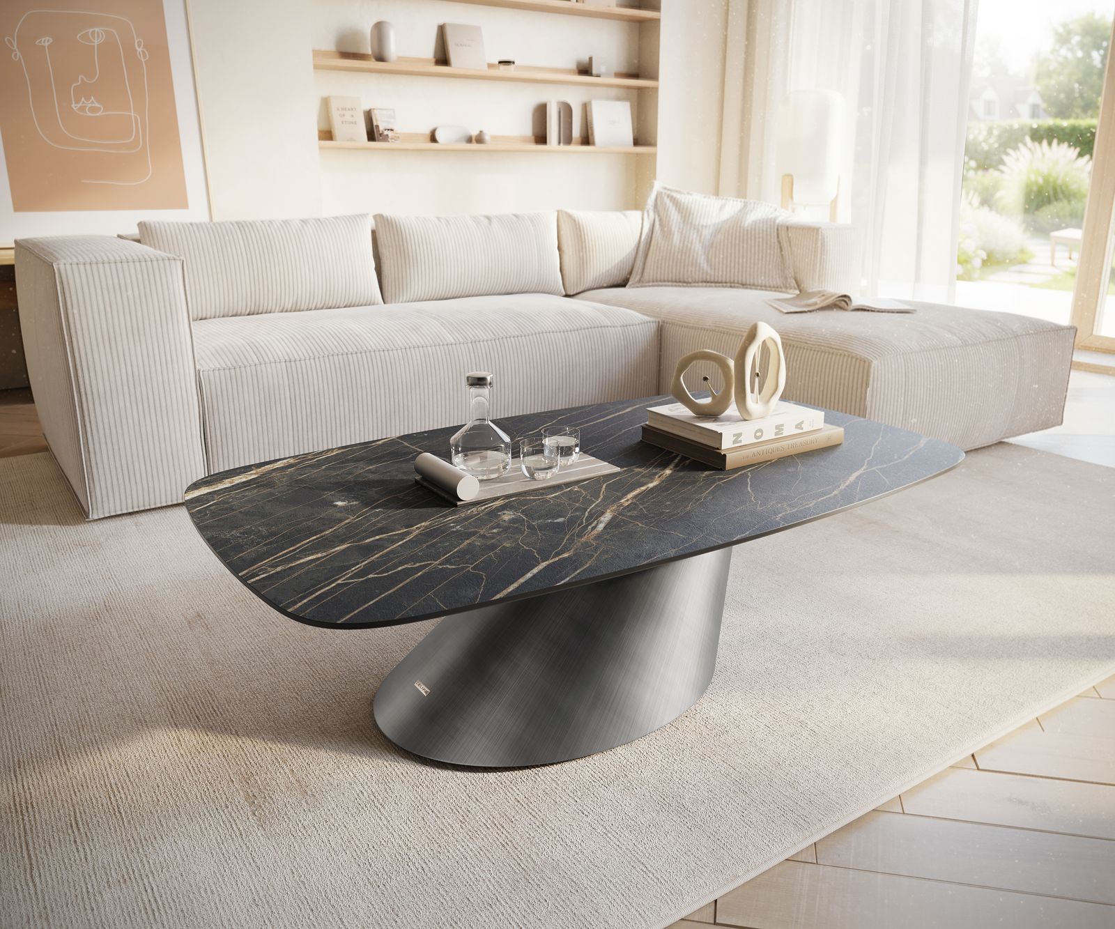 Couchtisch Edge Boot 120x70 cm Keramik Laminam® Noir Desir Braun Conis Metallic Silber
