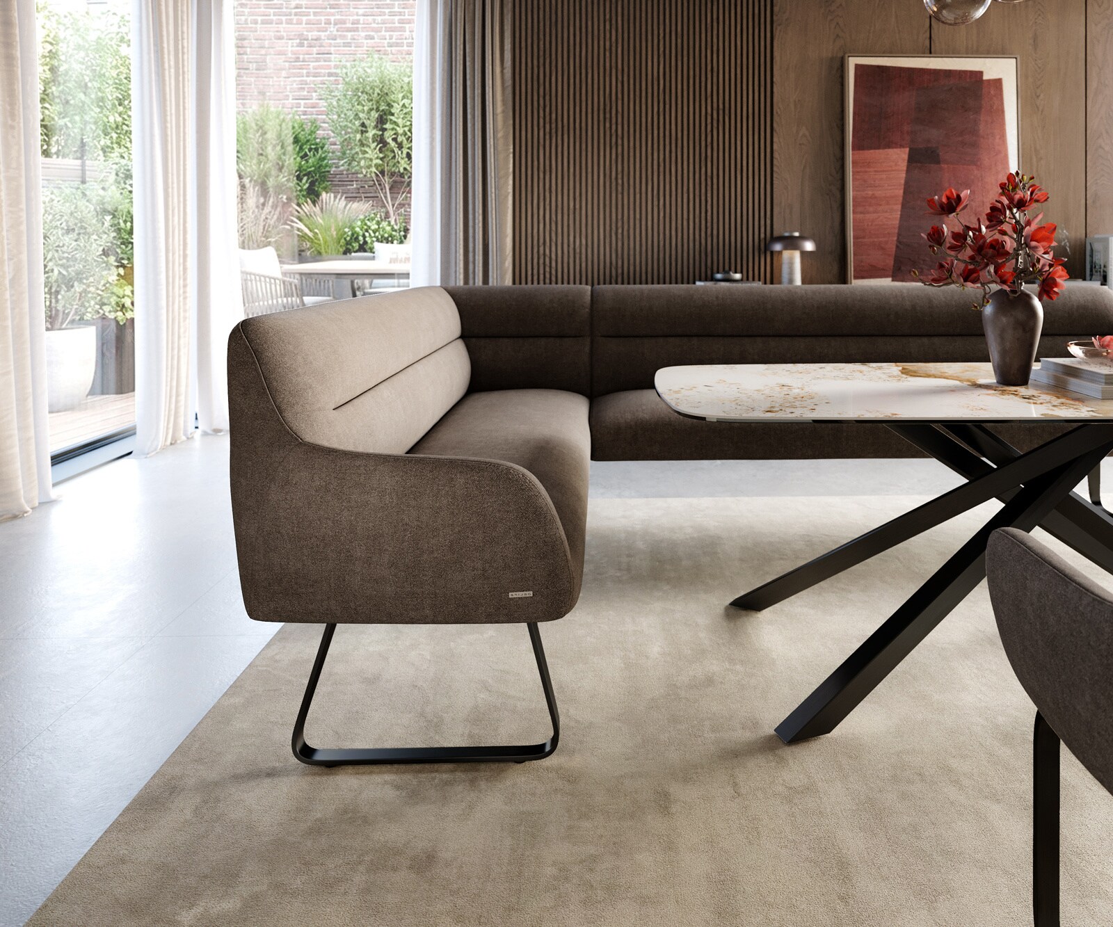 Esszimmerbank Taya-Flex 285x190 cm Strukturstoff Soft Taupe Kufengestell flach Schwarz Taschenfederkern Rechts 5