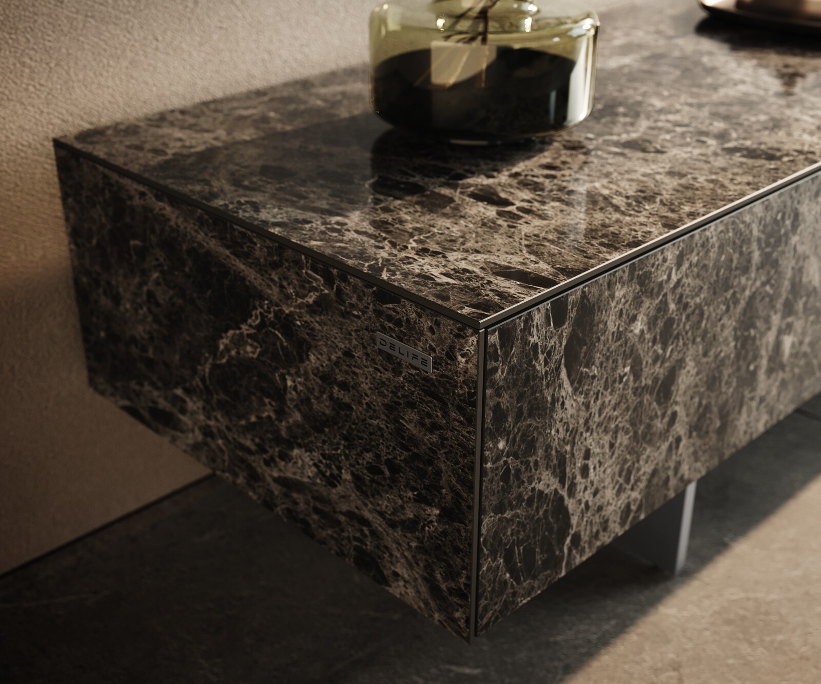 Lowboard Cuor 250 cm Keramik Emperador Extra Lucidato Dunkelbraun 1 Klappe 1 Schubfach Fuß Schwebeoptik Edelstahl 6