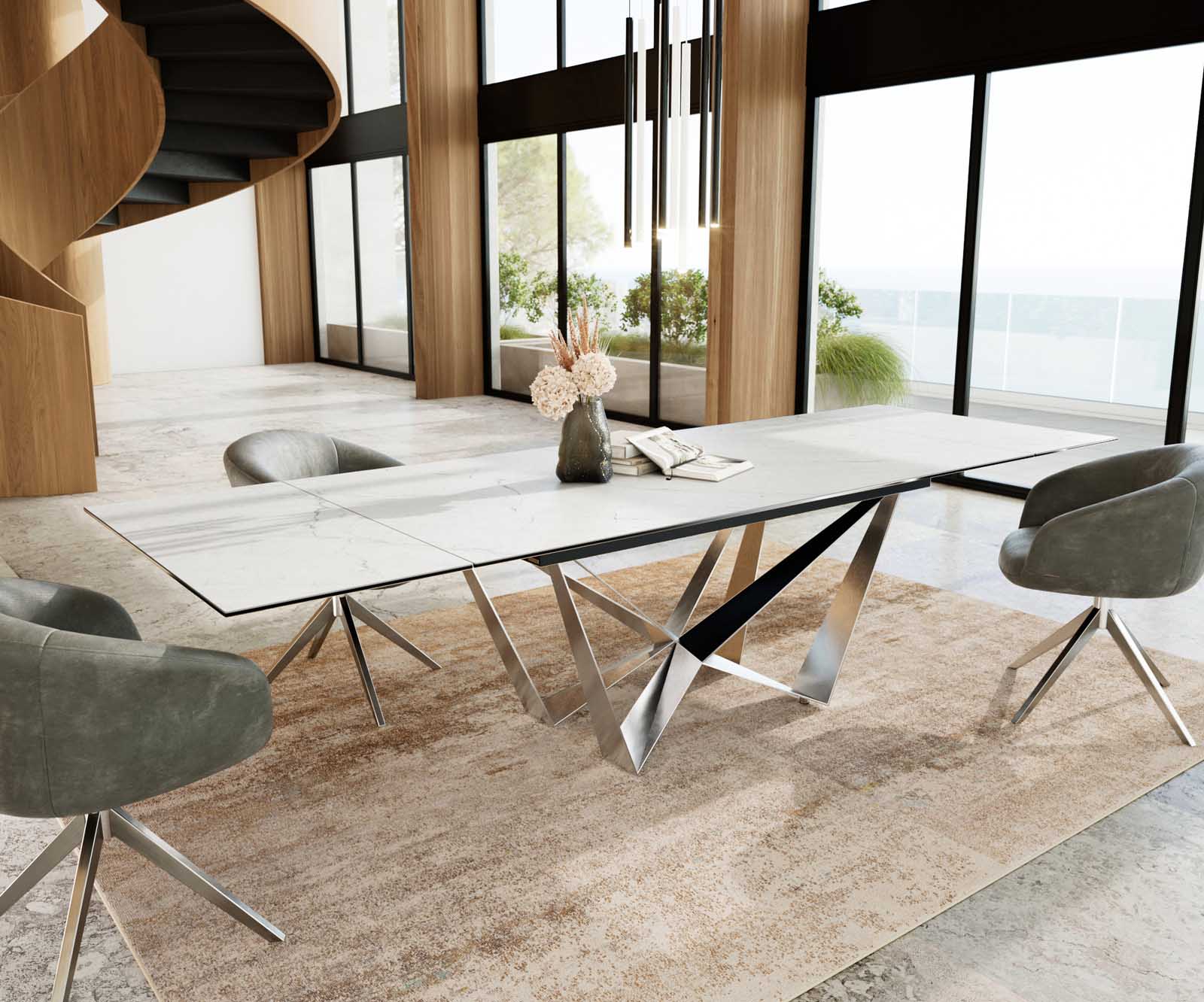 Esstisch Edge 200-300x100 Keramik Laminam®Statuarietto Weiß Spider Flachstahl Edelstahl ausziehbar 8