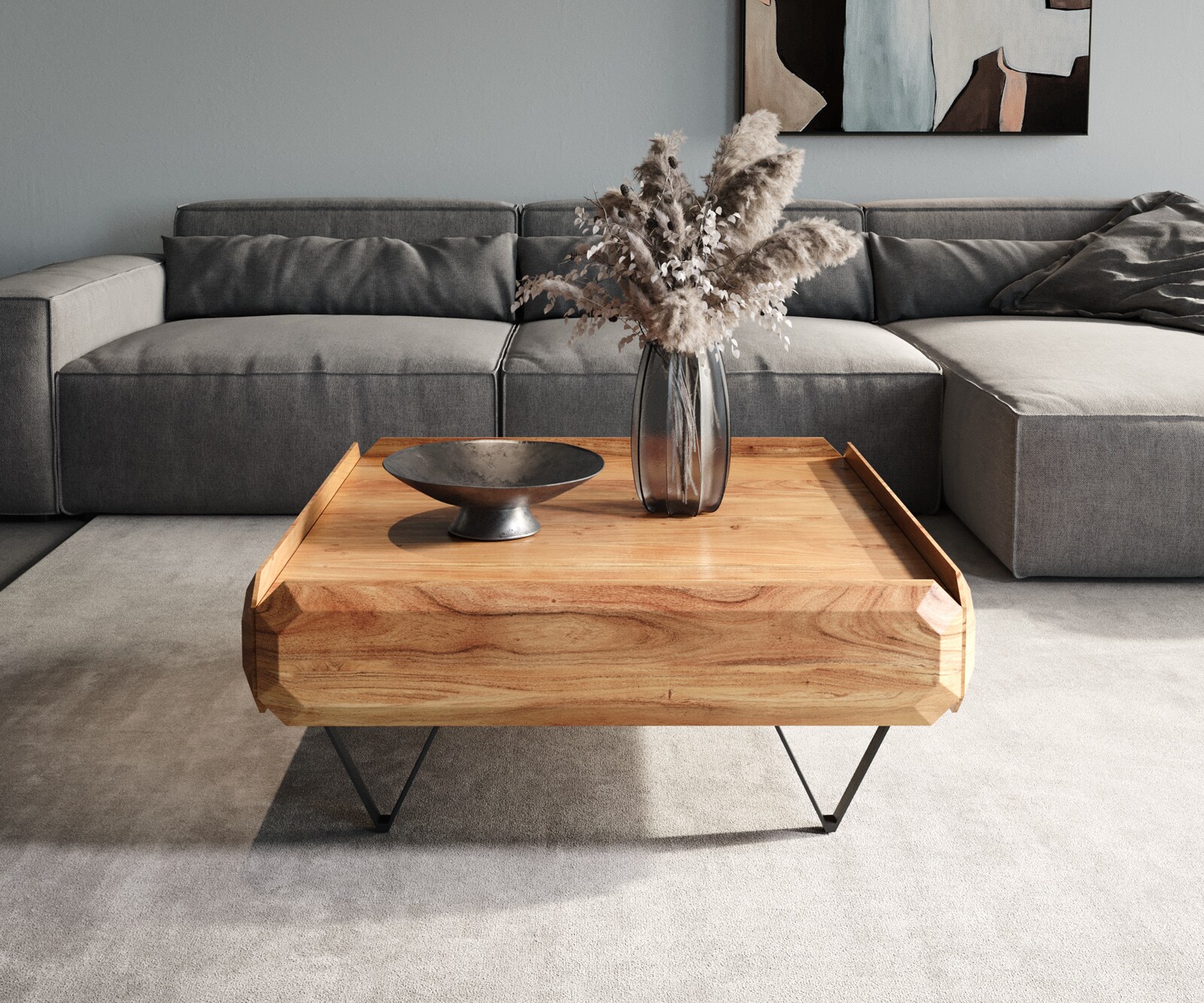 Couchtisch Kiano 90x90 cm Akazie Natur 2 Schübe V-Fuß Schwarz 1