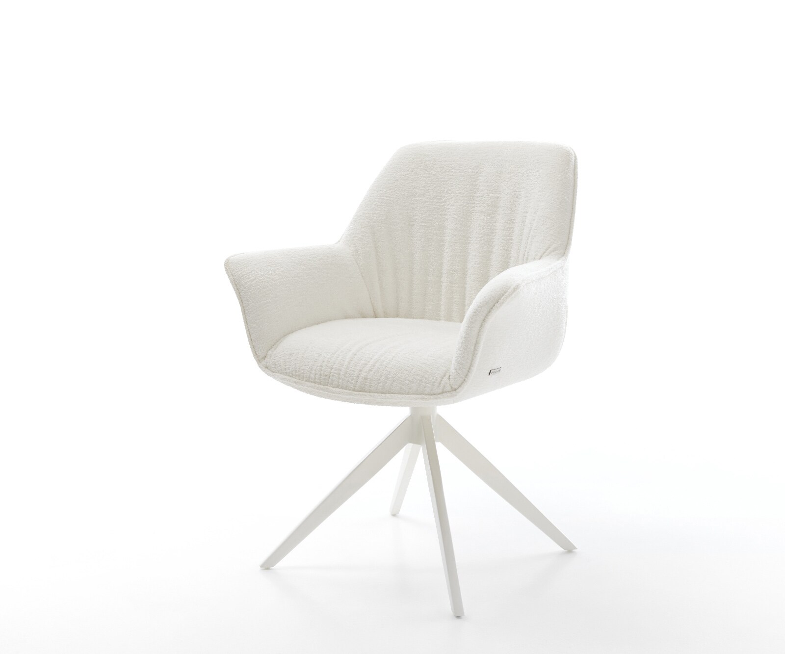 Drehstuhl Keila-Flex mit Armlehnen Bouclé Soft Beige Kreuzgestell breit Weiß 360° drehbar Wippfunktion